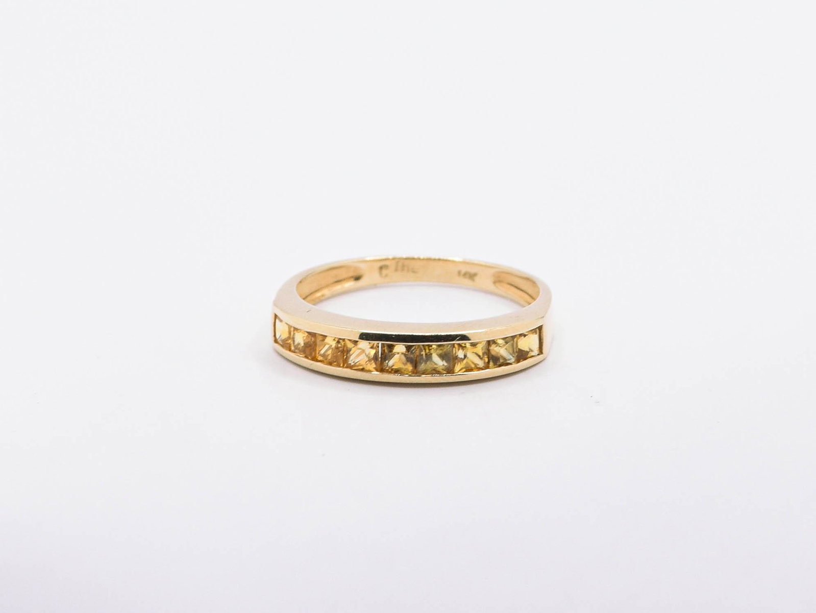 14K Yellow Sapphire Ring: 9) Square Yellow Sapphire Channel Set Band Size 6, 2.1 grams