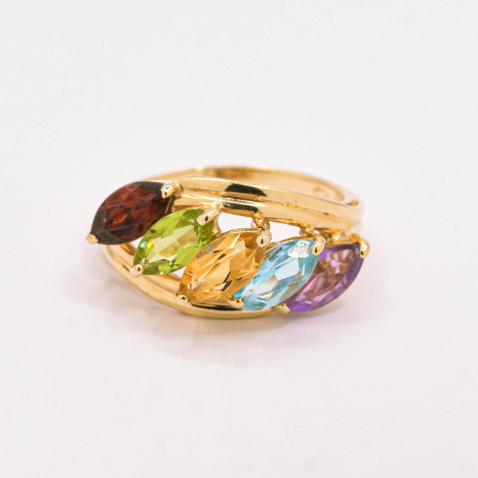 14K Multi Stone Ring: 7mm X 4mm Marquise Garnet, Peridot, Citrine, Blue Topaz & Amethyst Ring Size 7, 3.6 grams