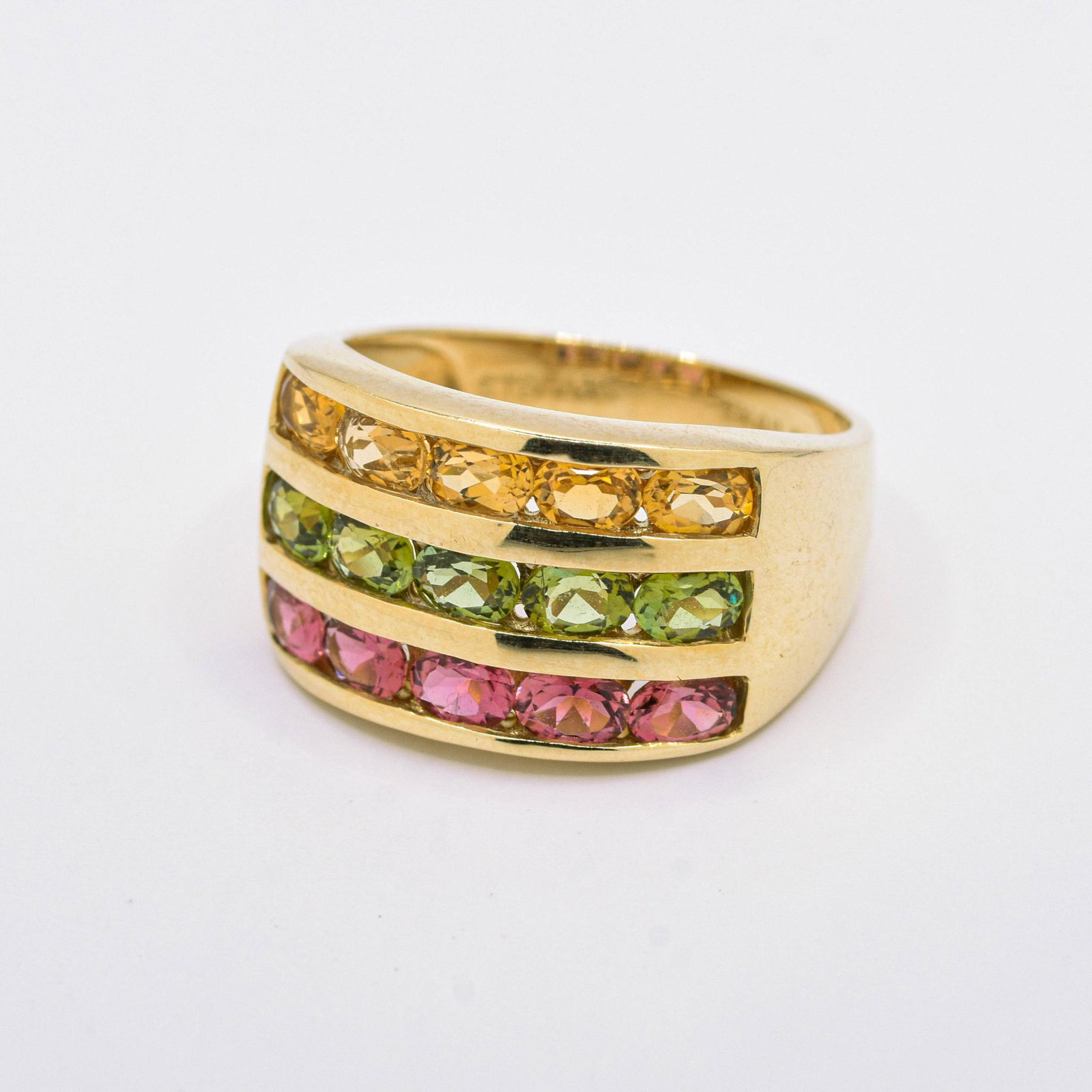 14K Pink, Light Green & Light Yellow Sapphire Ring: 5) Pink, 5) Light Green & 5) Yellow Sapphire Ring Size 8, 5.4 grams