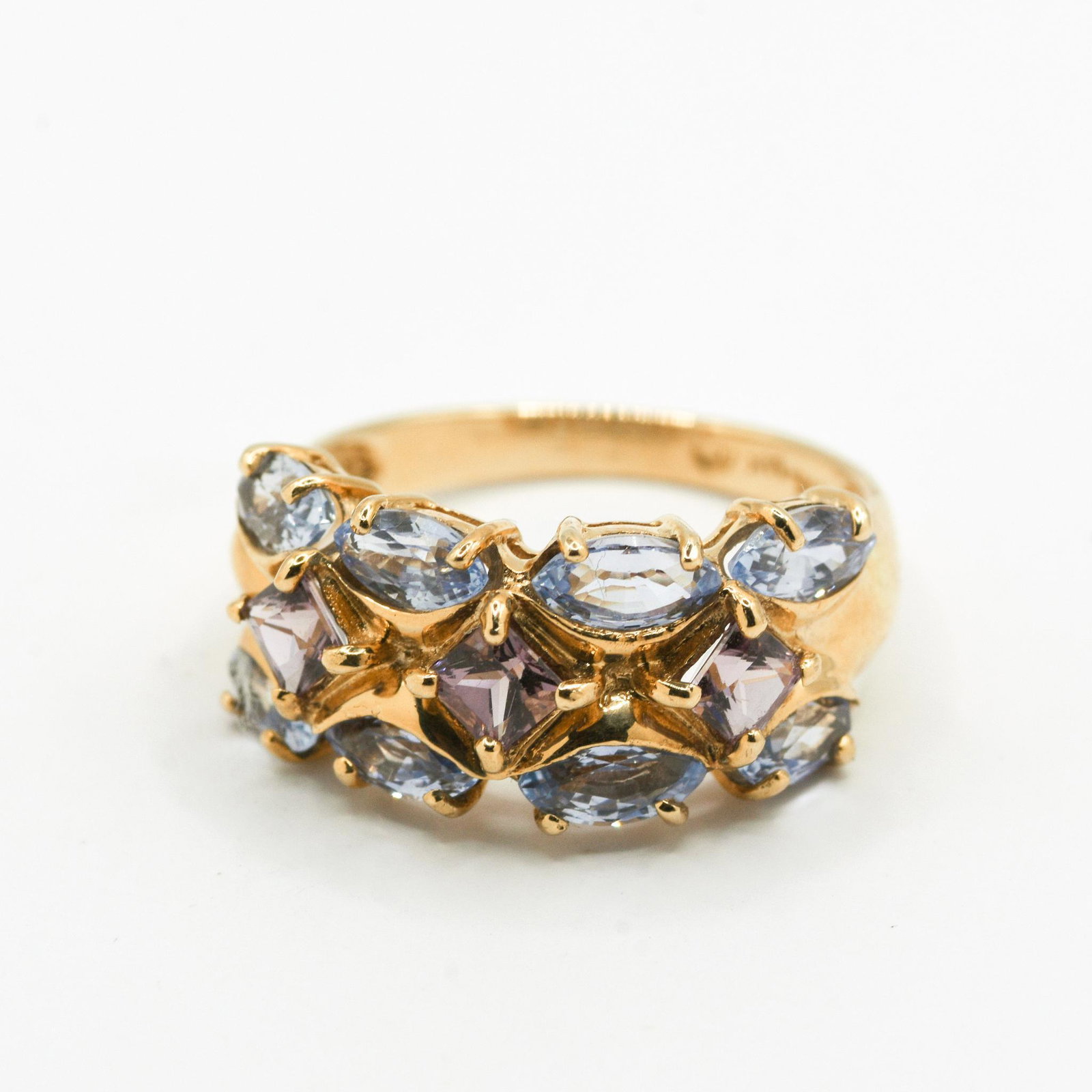 14K Violet & Light Blue Sapphire Ring: 3) 4mm Square Violet & 8 6mm X 4mm Marquise Light Blue Sapphire Size 7, 3.9 grams