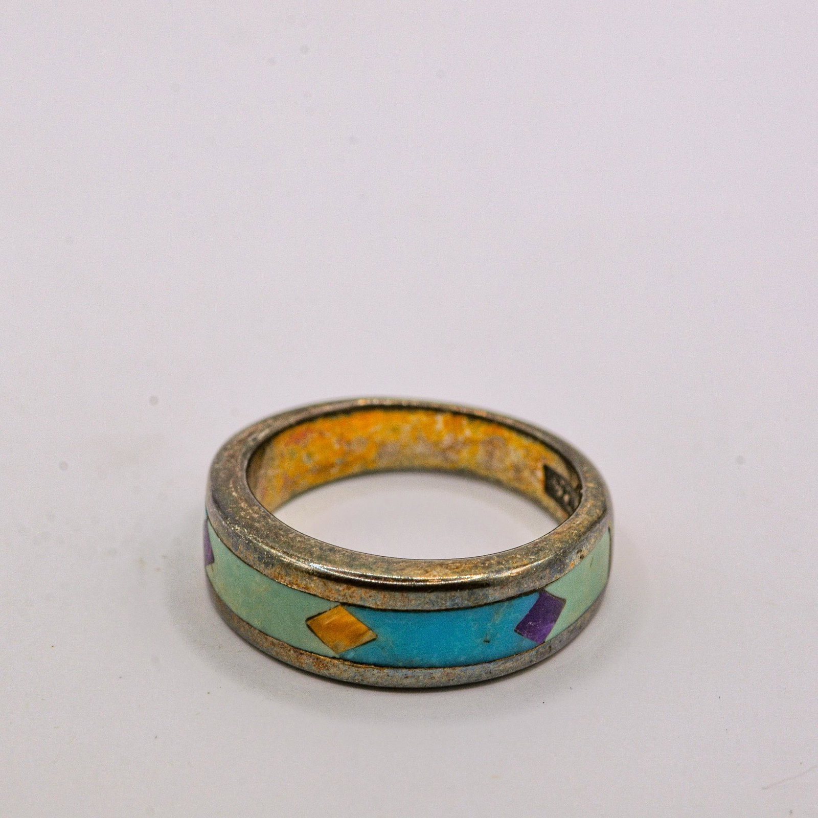 Sterling Silver Multi Gemstone Band: Multi Gemstone Inlaid Band Size 6, 5.4 grams