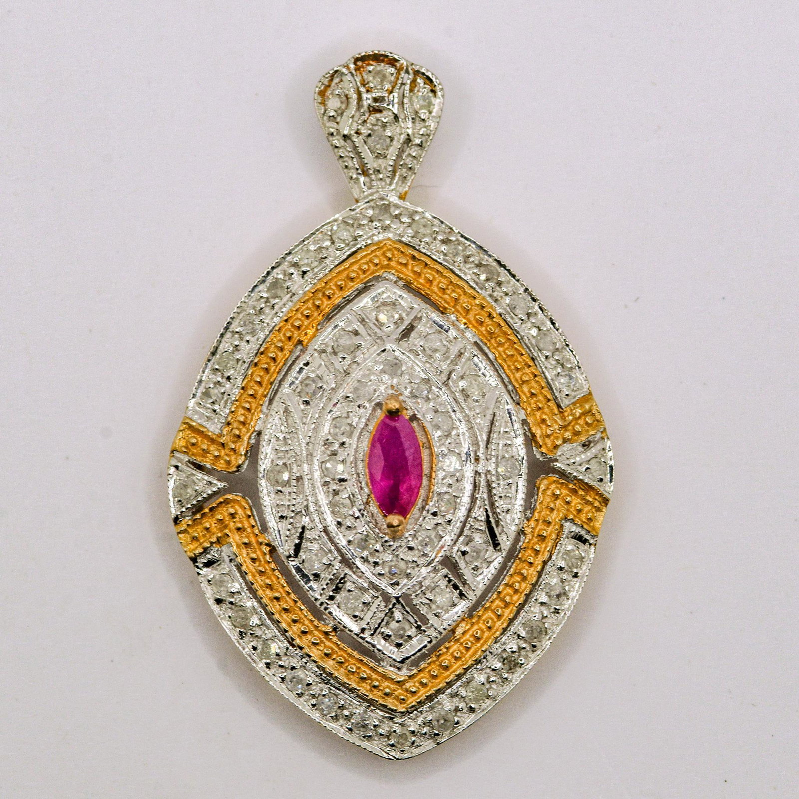 10K Ruby & Diamond Pendant: 6mm X 3mm Marquise Ruby with .50cttw Diamond Pendant, 5.9 grams