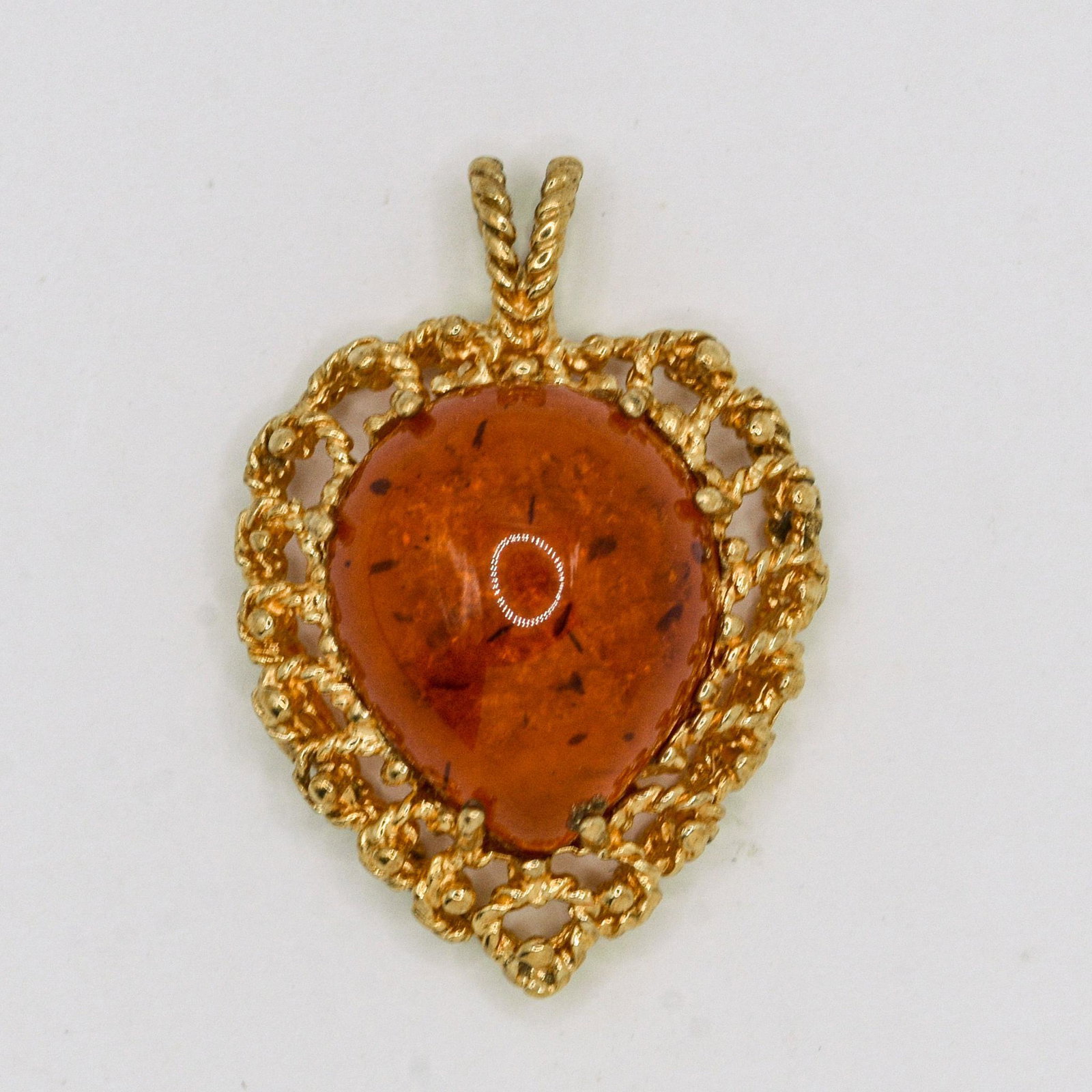 10K Heart Amber Pendant: 14mm X 11mm Pear Amber Heart Pendant, 2.2 grams