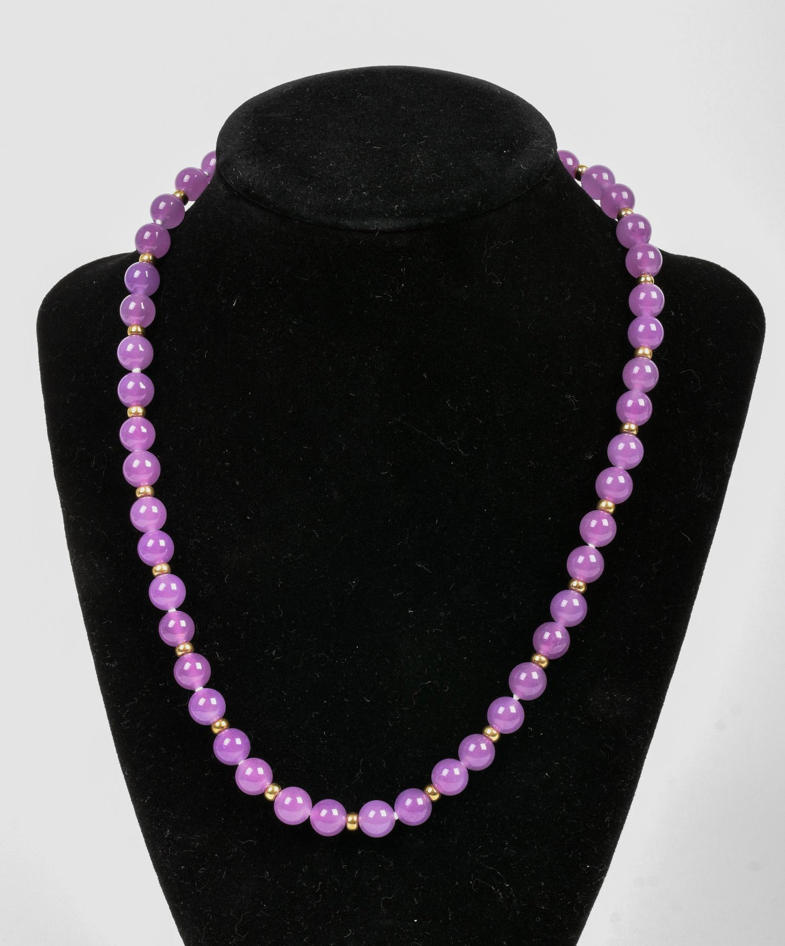 18" Purple Jade Necklace: 14K Clasp & Gold Bead Purple Jade Necklace, 36.6 grams