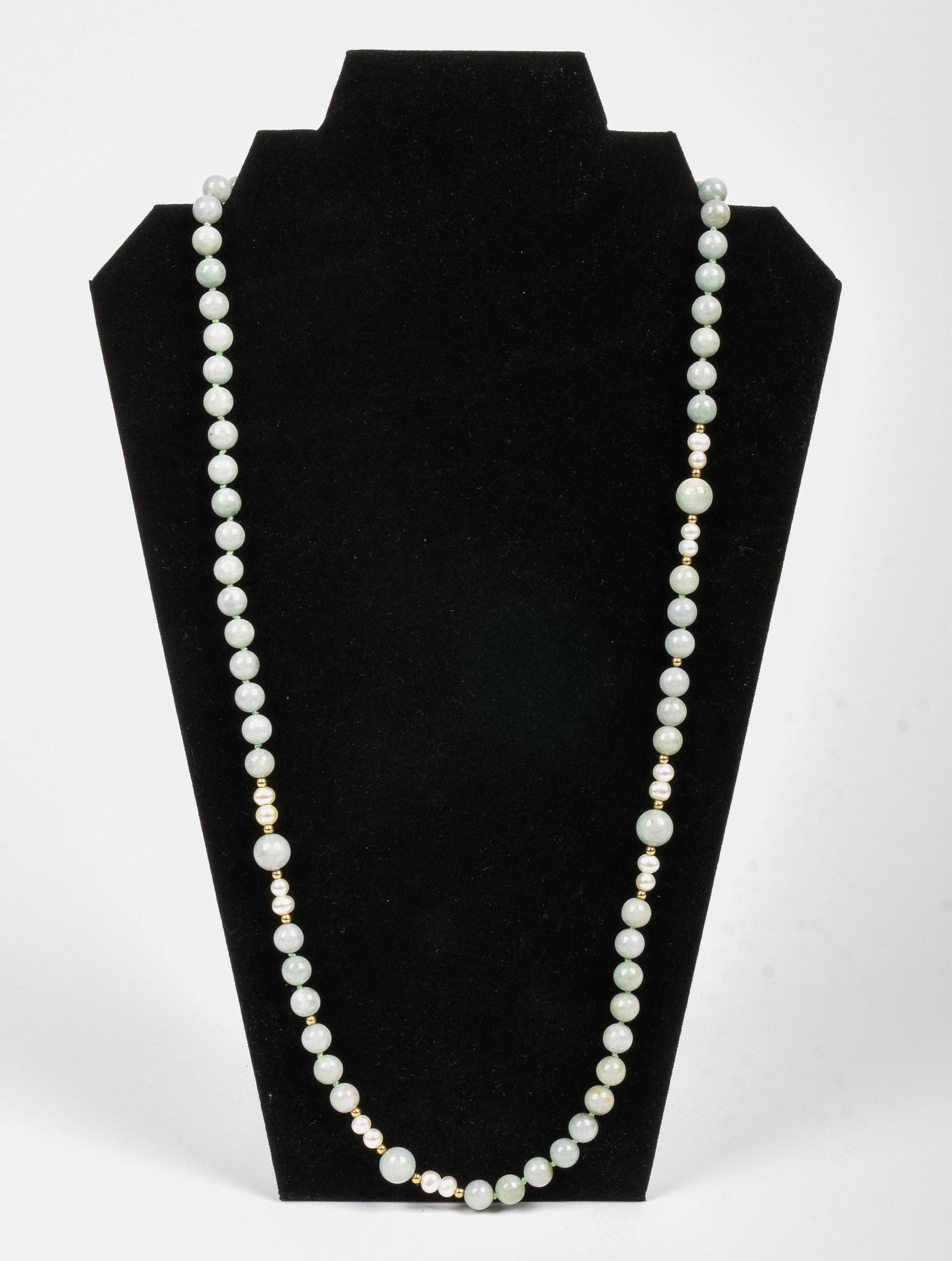 28" Green Jade Necklace: Light Green Jade with 14K Gold & Pearl Necklace, 75.7 grams