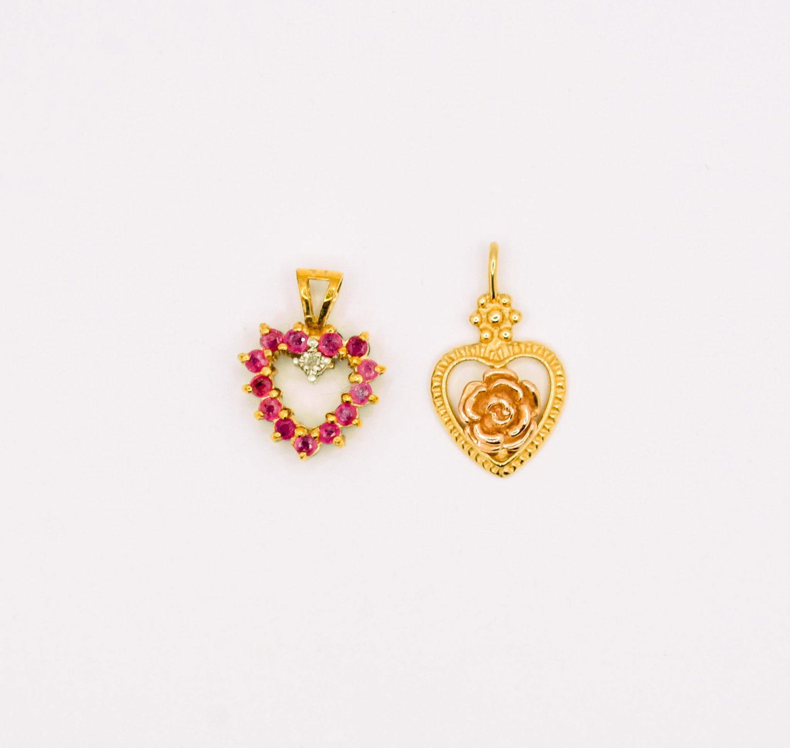 Lot of 2 10K Heart Pendants: 1) Rose 2) Ruby One Side Ruby/ One side Sapphire Pendant, 1.8 grams