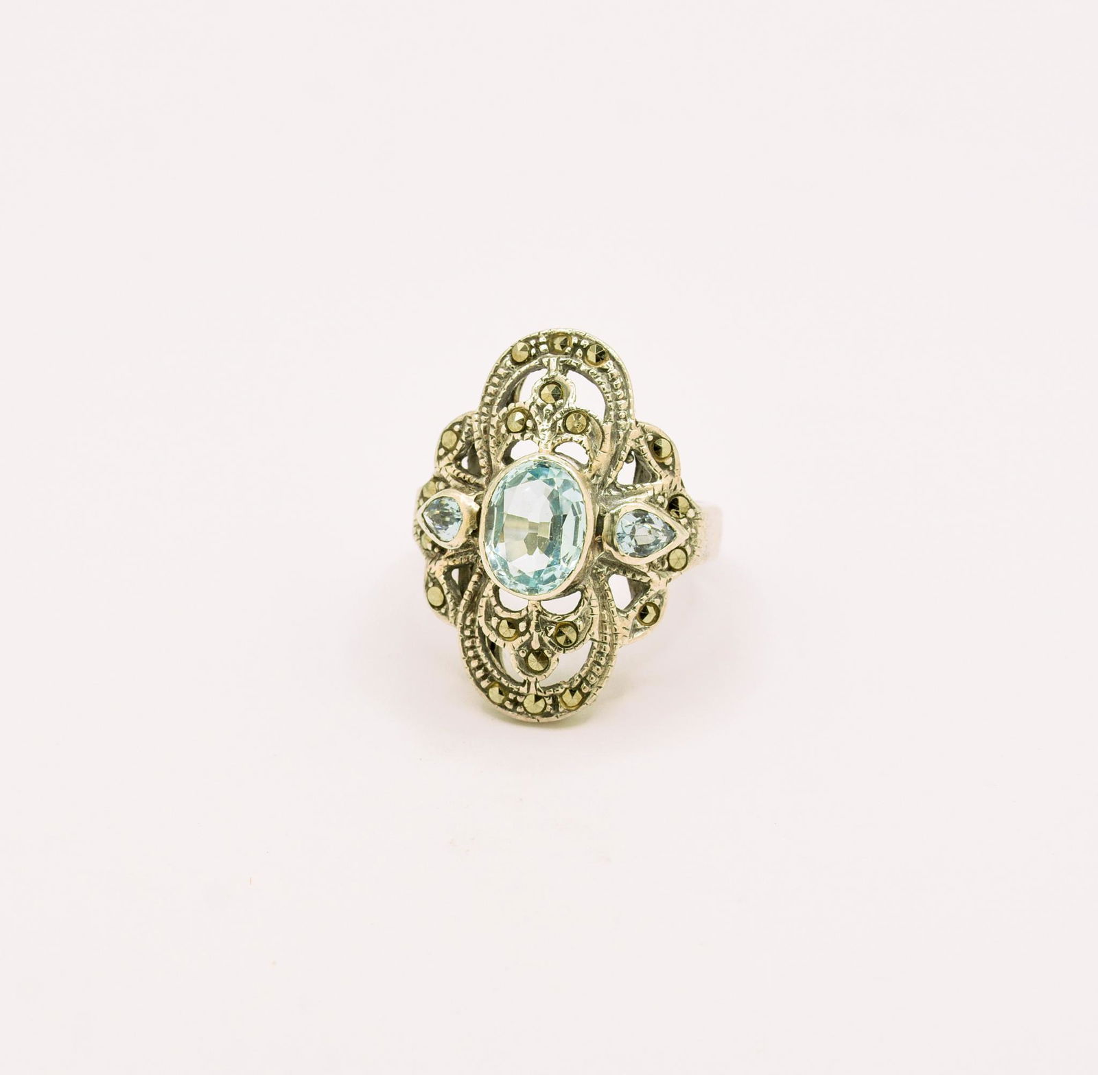 Sterling Silver Aquamarine & Marcasite Ring (1 of 1)