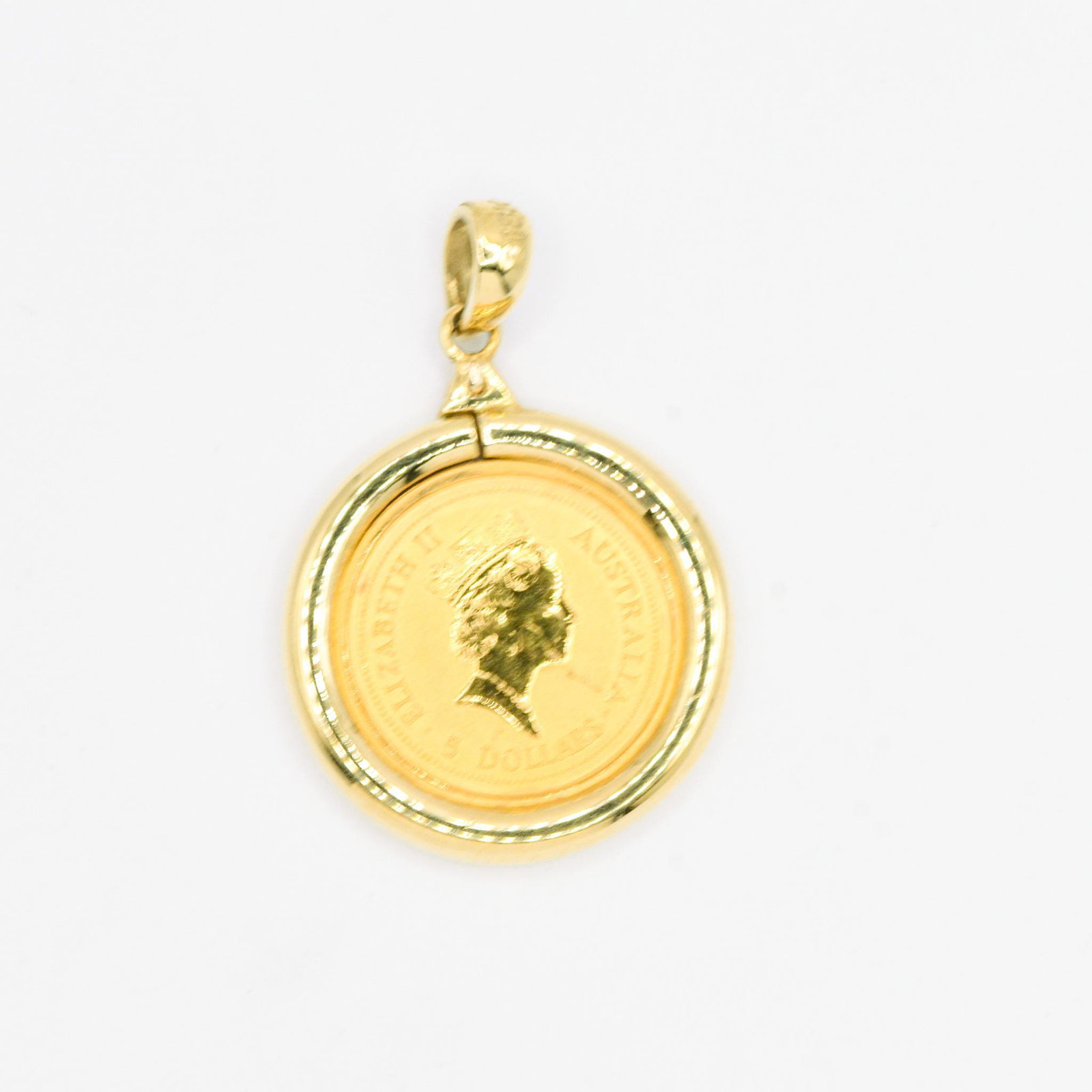 1995 Australian Nugget $5 Gold Coin Pendant: Coin rests in 18K Gold Coin Holder, 3.7 grams