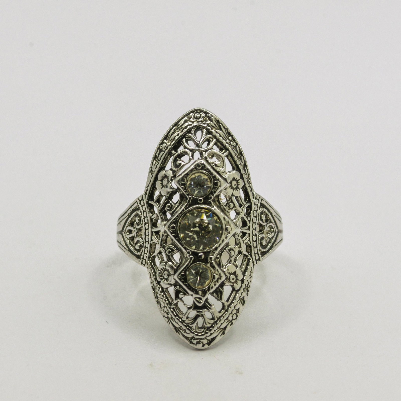 Sterling Silver CZ Filigree Ring: 3 CZ Filigree Ring Size 6, 2.3 grams