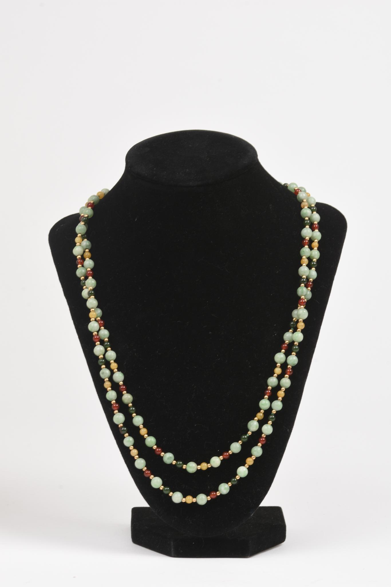 46" Multi-Color Jade & Gold Ball Necklace: Light Green, Dark Green, Red & Yellow Jade with Gold Ball Necklace, 43.2 grams