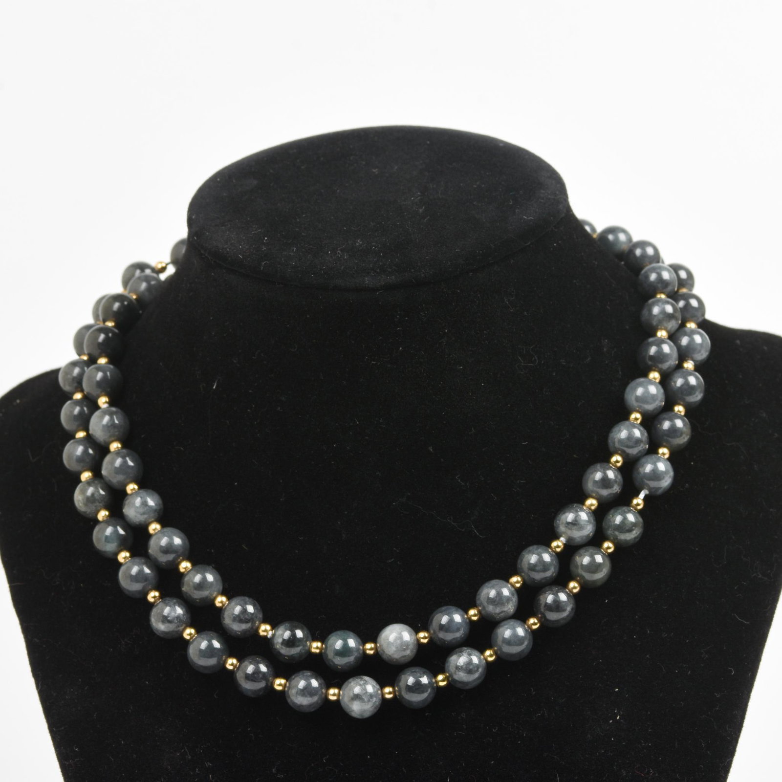 30" Charcoal Jade & Gold Bead Necklace: 8mm Charcoal Jade and Gold Bead Necklace, 69.6 grams