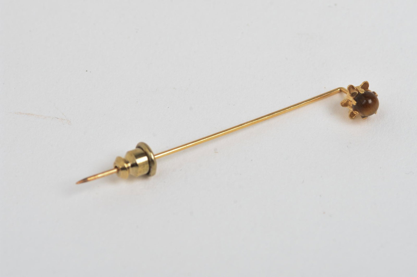 14K Gold Pin with Tiger Eye Stone: Length 2 inches, .8 grams.