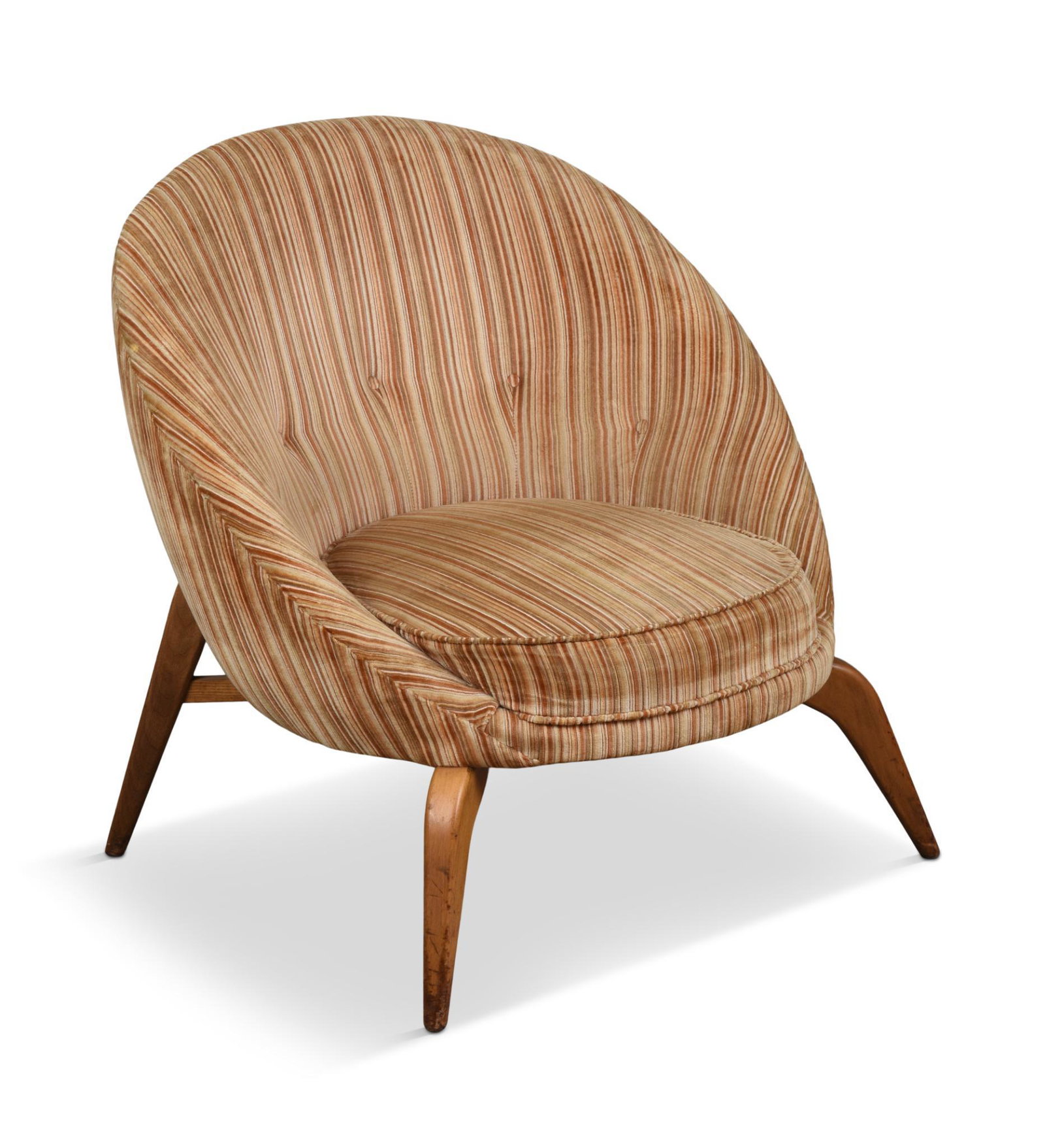 Mid Century Upholstered Lounge Chair, American: Seat height 16 inches, overall height 32 inches.