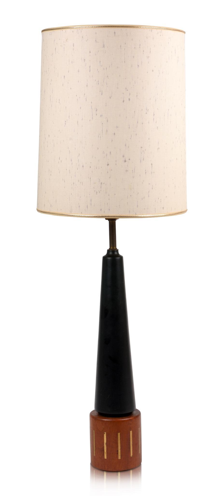 Mid Century Lamp With Brass Inlay.: Height including shade 38 inches. Wiring appears okay, but we always recommend vintage lamps be inspected by a qualified professional prior to use.