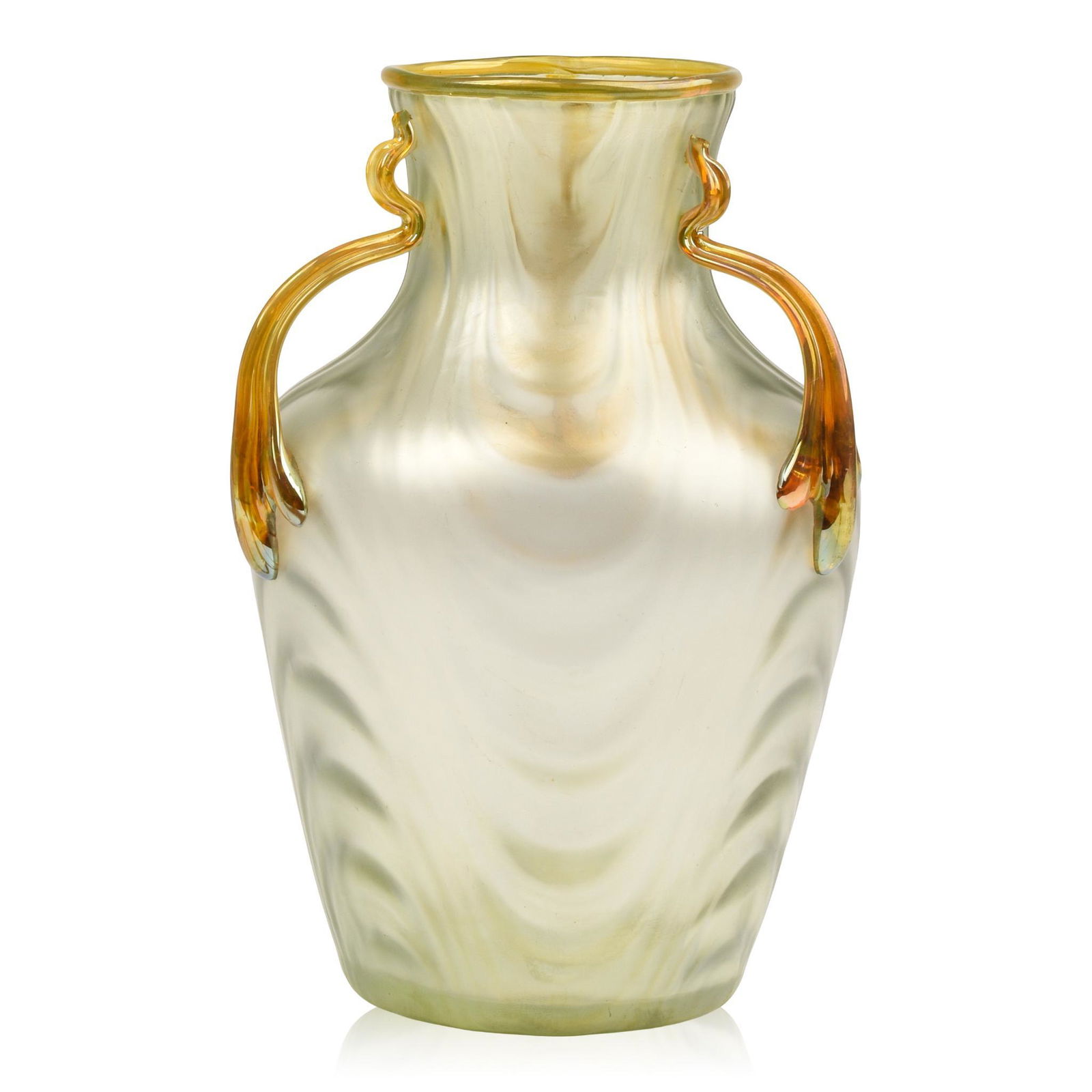 Loetz Coppelia Glass Vase.: Mold blown wave pattern with three applied handles, c., 1904, height 8 inches. Small chips on tips of handles.