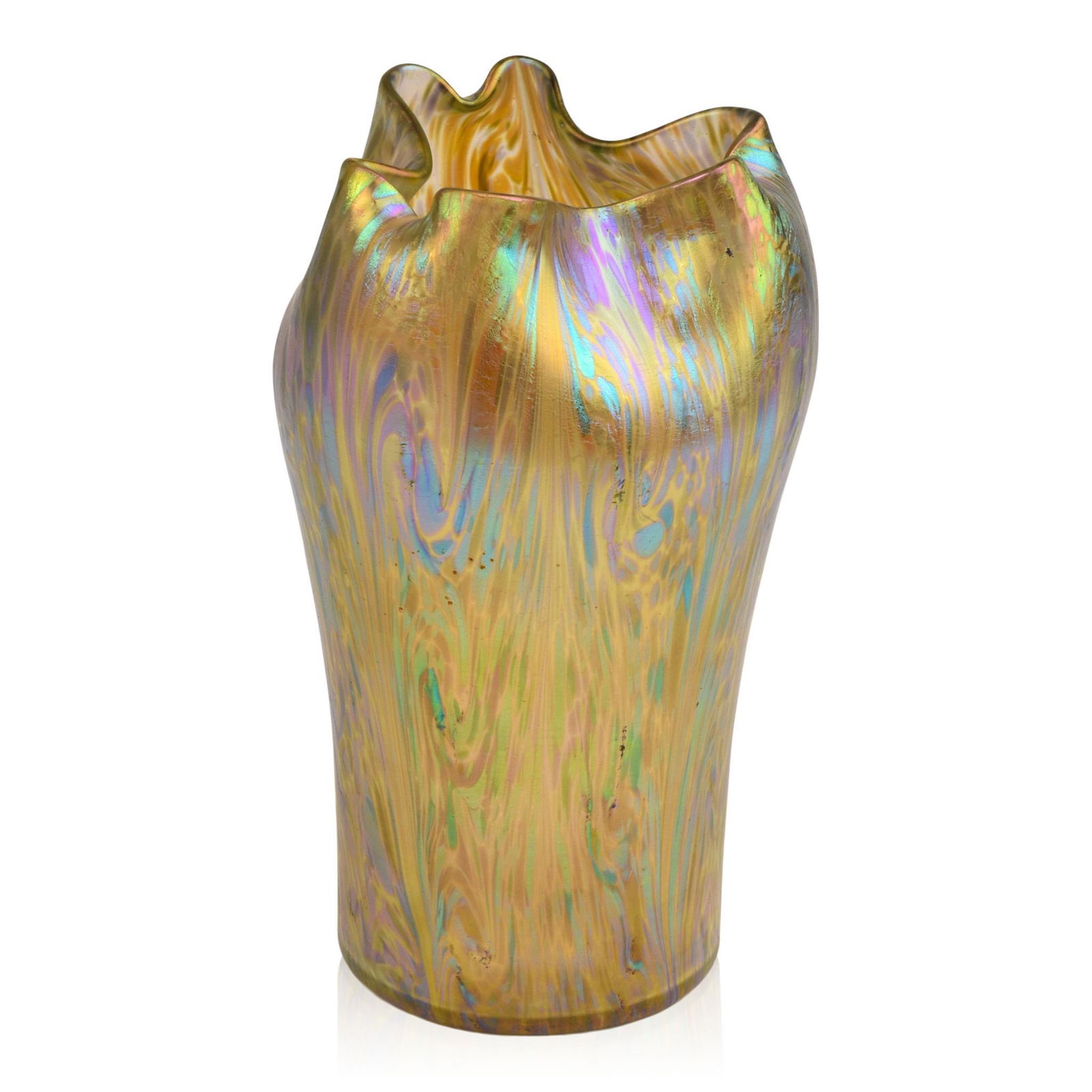 Loetz Maeander Glass Vase.: Pulled and manipulated oil spot decoration, pinched rim, c. 1900. Height 7.5 inches.