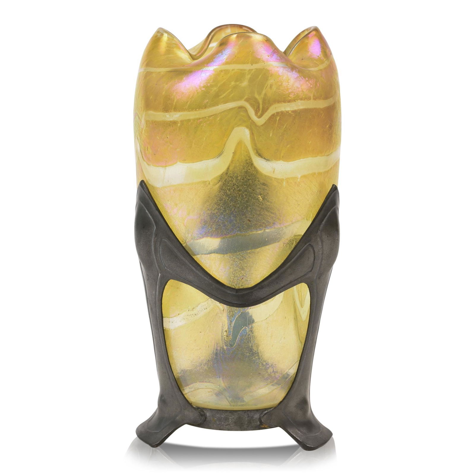 Fritz Heckert Changeant Glass Vase.: Mounted in a Jugendstil pewter frame. c. 1905, pewter signed with a crown and a shield mark, numbered 1925. Height 8.5 inches.