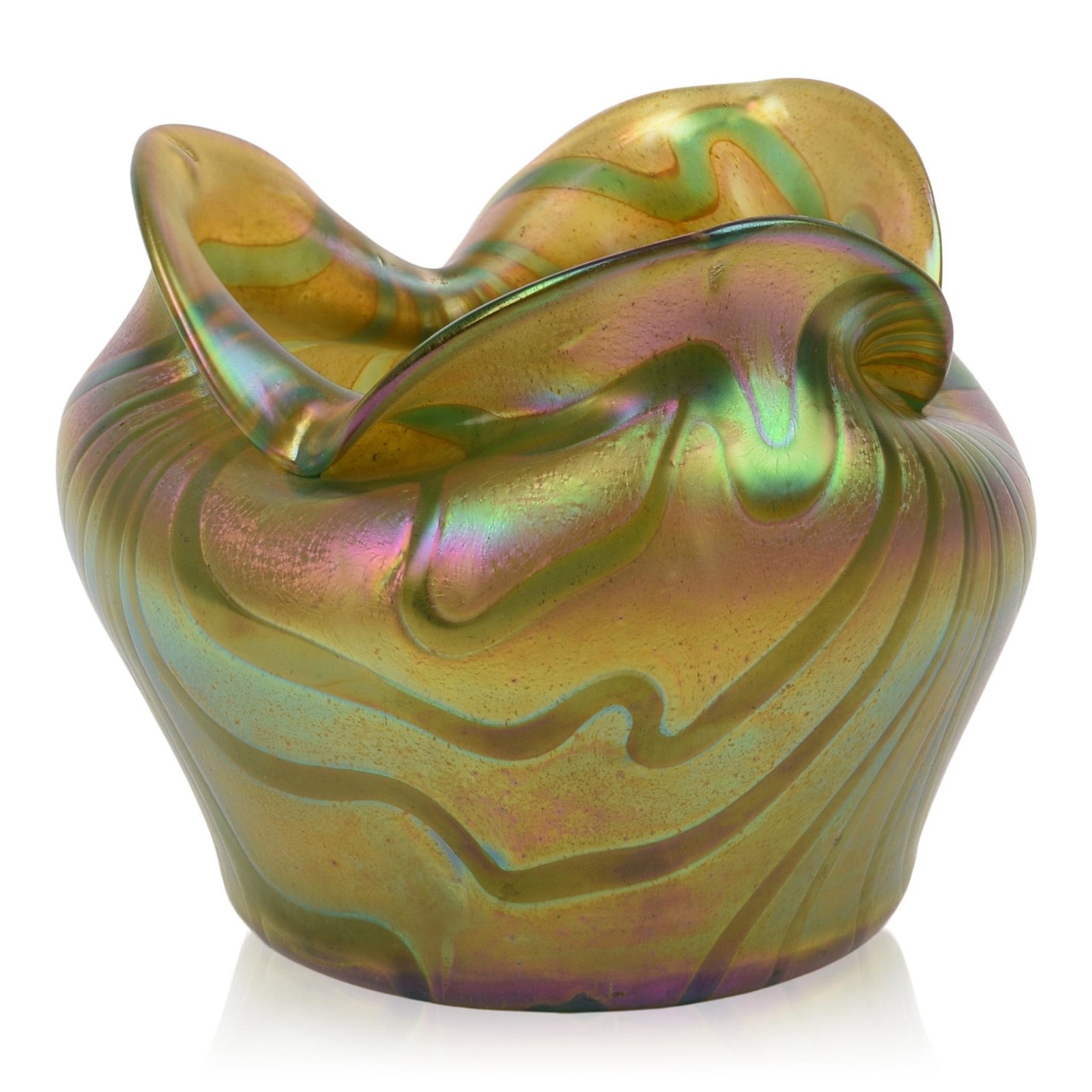 Kralik Aquagold Glass Vase: Folded and dimpled rim, c. 1900, height 5.25 inches.