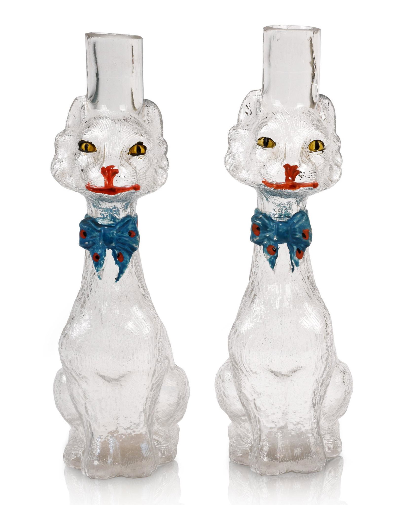 Pair of Cat Form Bottles or Candlesticks.: Height 11.5 inches.