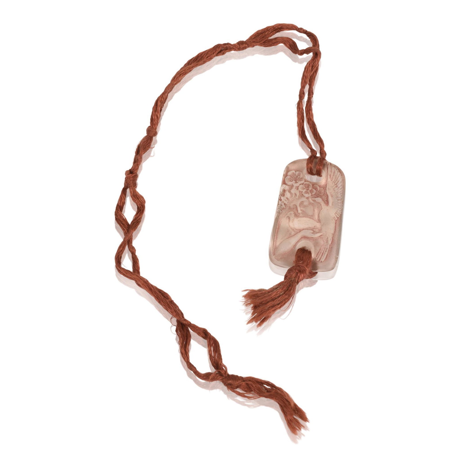 Lalique Colombes Art Deco Glass Pendant: Molded glass with depiction of a maiden with doves, inscribed Lalique, 1.5 x .875 inches, silk cord.