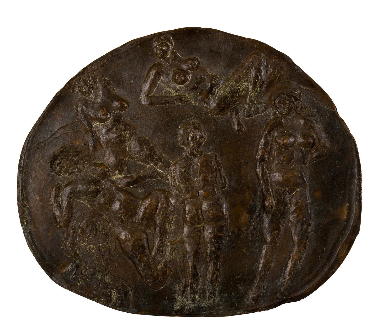 Abbott Pattison Bronze Relief.: (Illinois, Maine 1916-1999), 15.25 x 18.5 inches, sculpted and incised with six female nude figures in a landscape, signed A. Pattison Firenze upper left, also signed on label on back and titled Six F