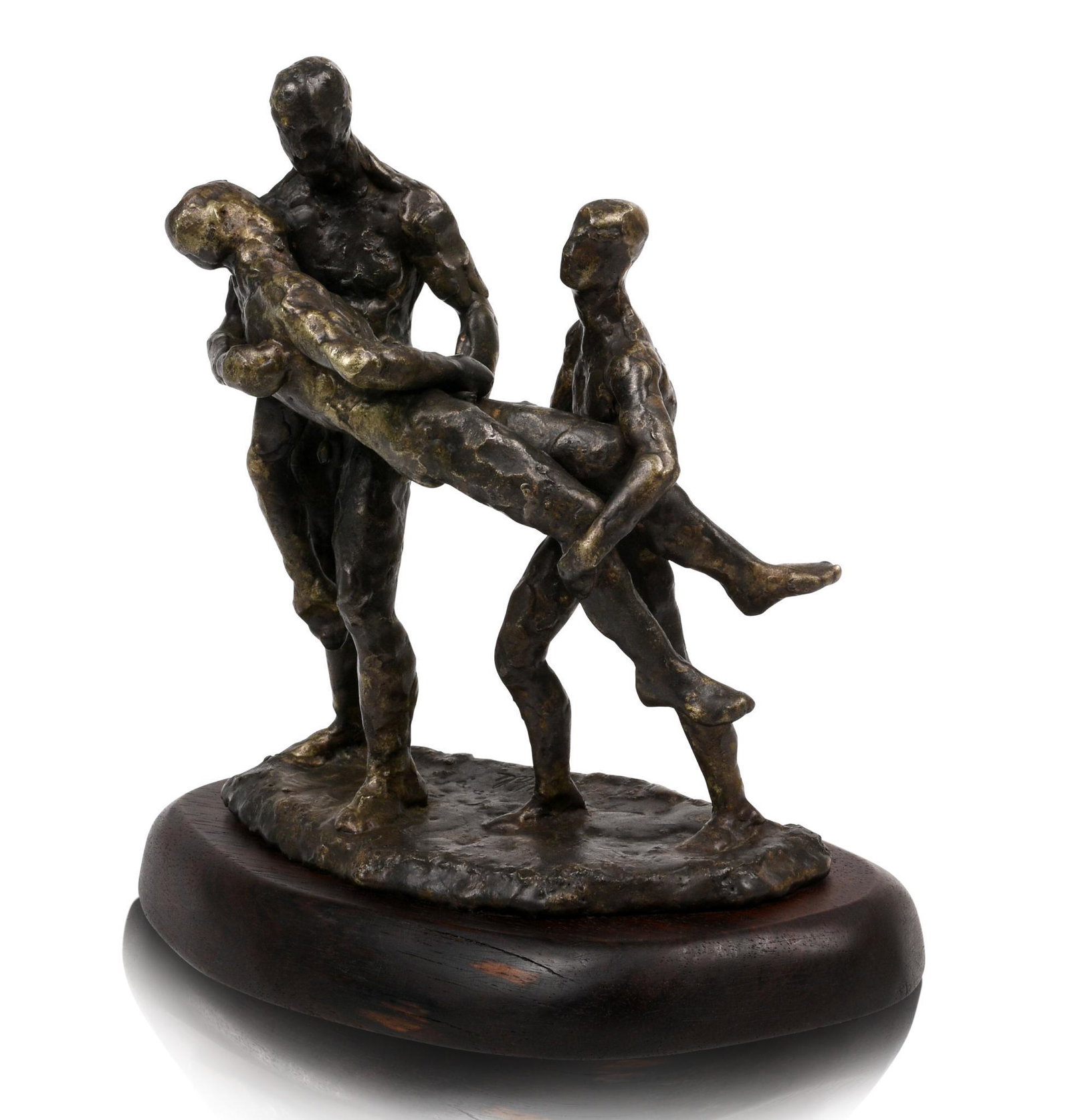 Nathan Cabot Hale Sculpture.: (New York, California. 1925-2021), Three Male Nude Figures, silvered bronze on rosewood base, signed N. Hale. Height 9.5 inches.