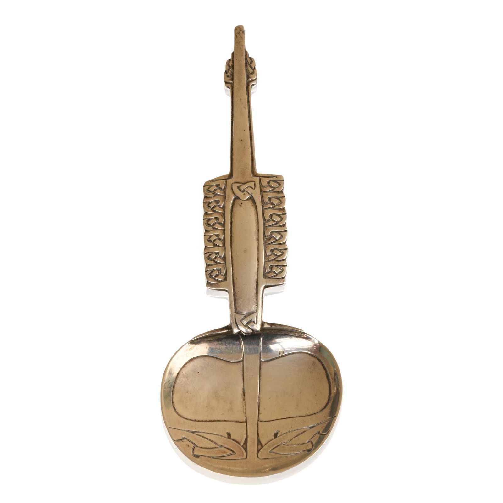 Archibald Knox Cymric Spoon for Liberty & Co.: Sterling spoon with Celtic inspired Arts & Crafts design, signed with Liberty hallmarks, Birmingham sterling hallmarks, and date code for 1901, also impressed Cymric and Rd. 391478. Length 8 inche