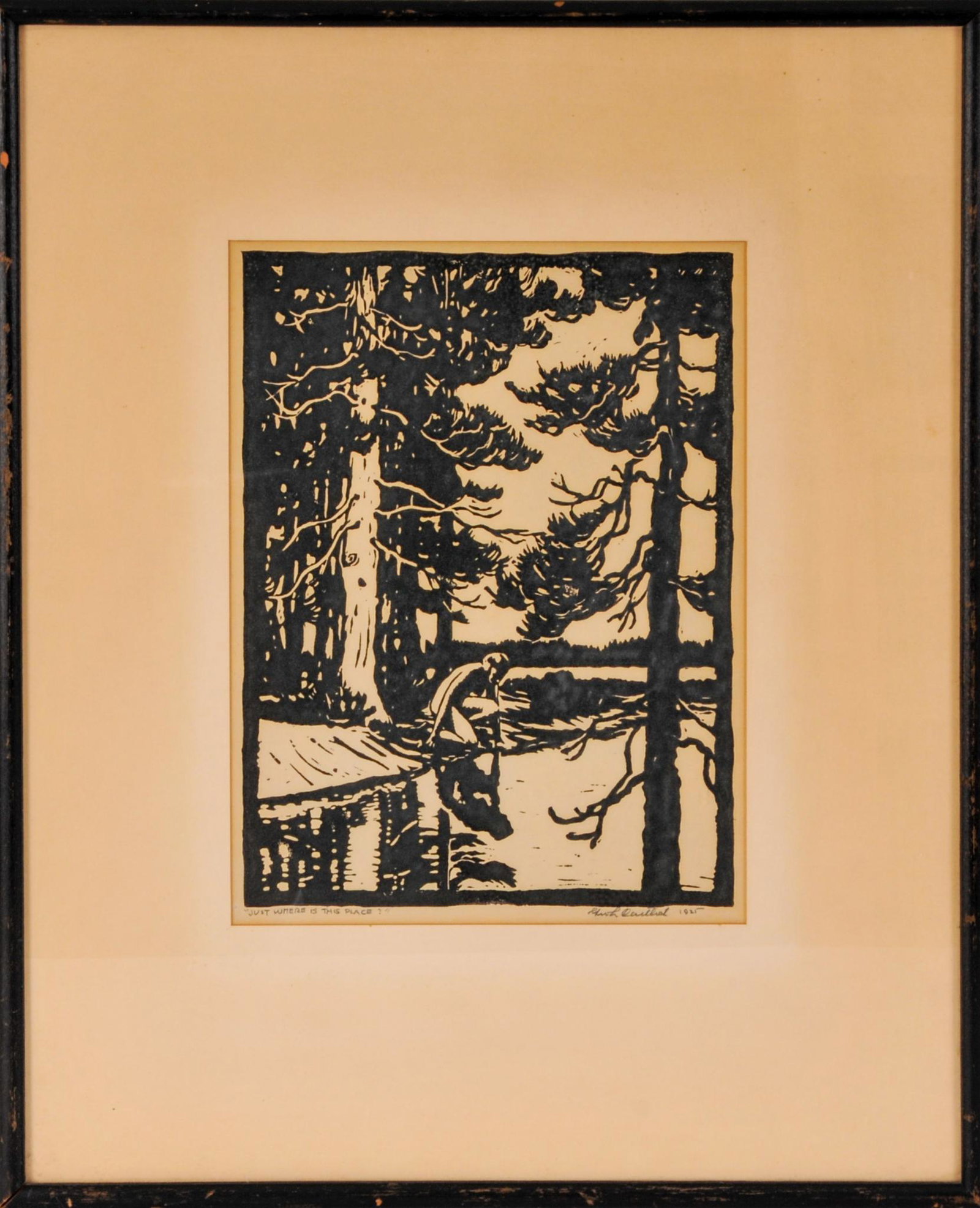 Arts & Crafts Woodblock Print.: Woodland scene with female nude crouching at water's edge, titled â€œJust Where is this Place?” lower left, illegible pencil signature and dated 1925 lower right. Image 12.5 x 9 inches, fram