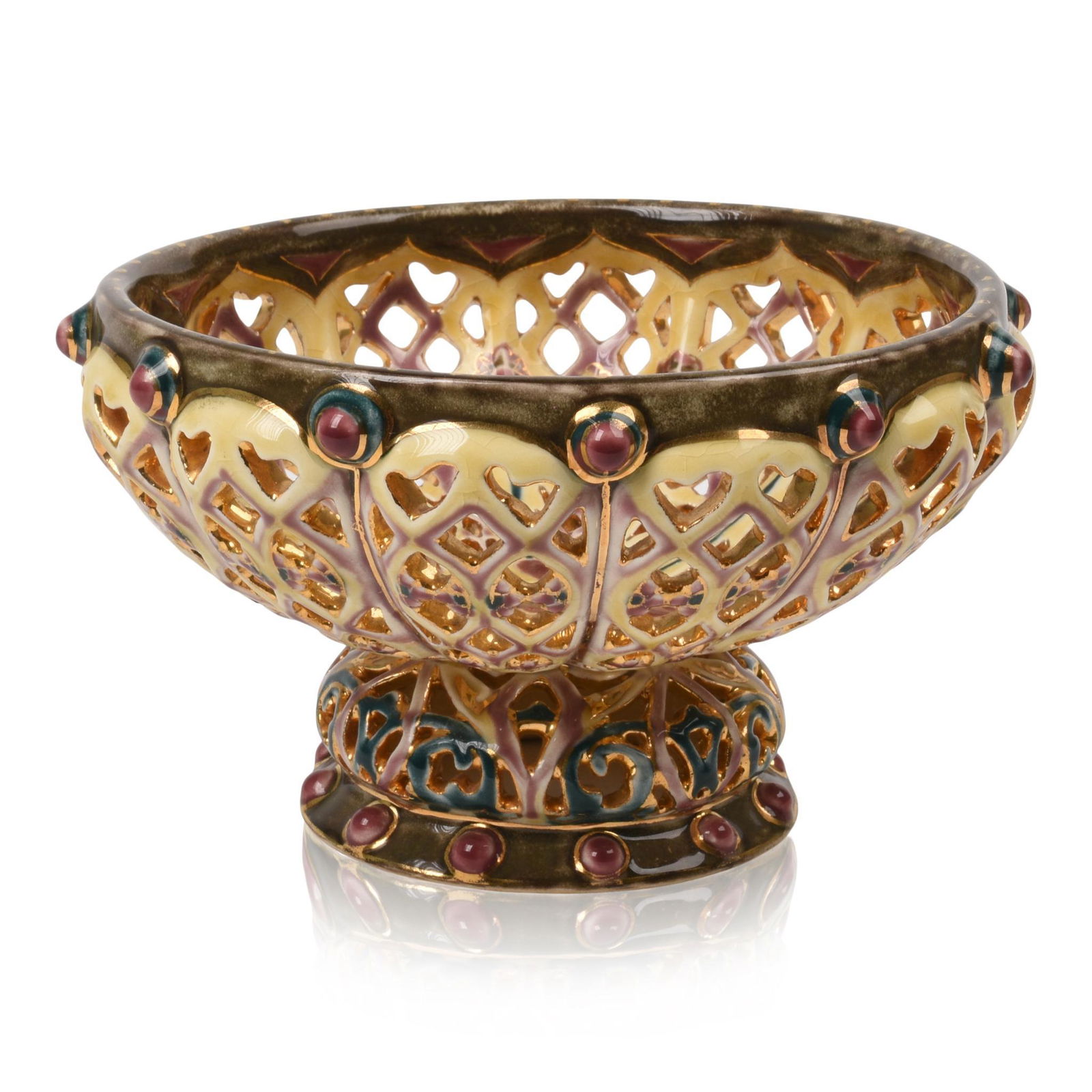 Zsolnay Reticulated Pedestal Bowl.: Hungary, c. 1900, signed. Height 4.125 inches.