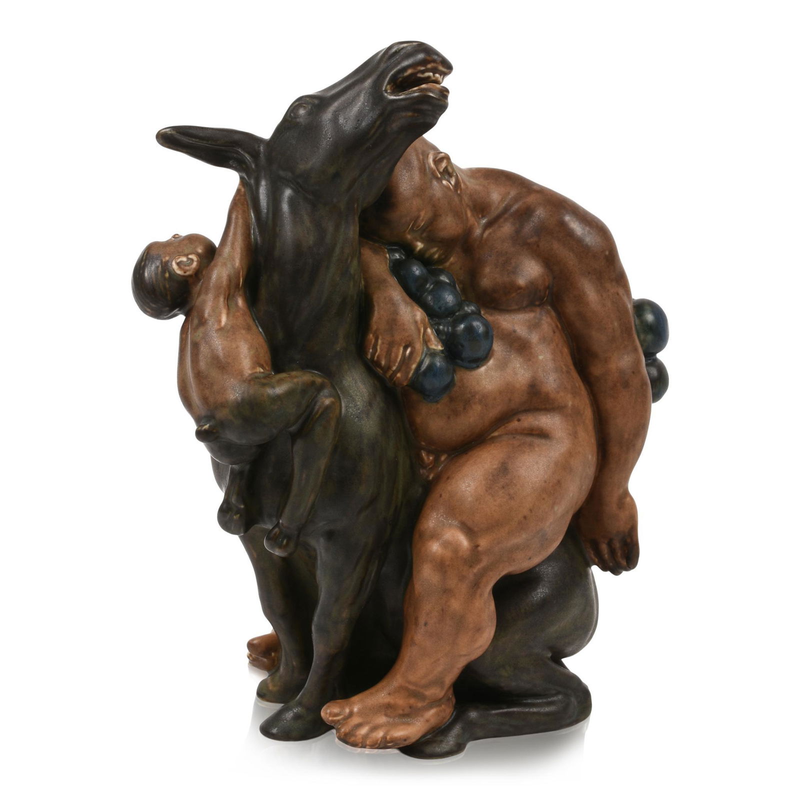 Kai Nielsen Stoneware Figure of Bacchus with Donkey and Faun.: Designed for Bing & Grondahl from his Grape Harvest series, model number 4026, signed with oval three tower mark, Kjobenhavn, Danmark and inscribed Kai Nielsen 1912. Height 9.25 inches.