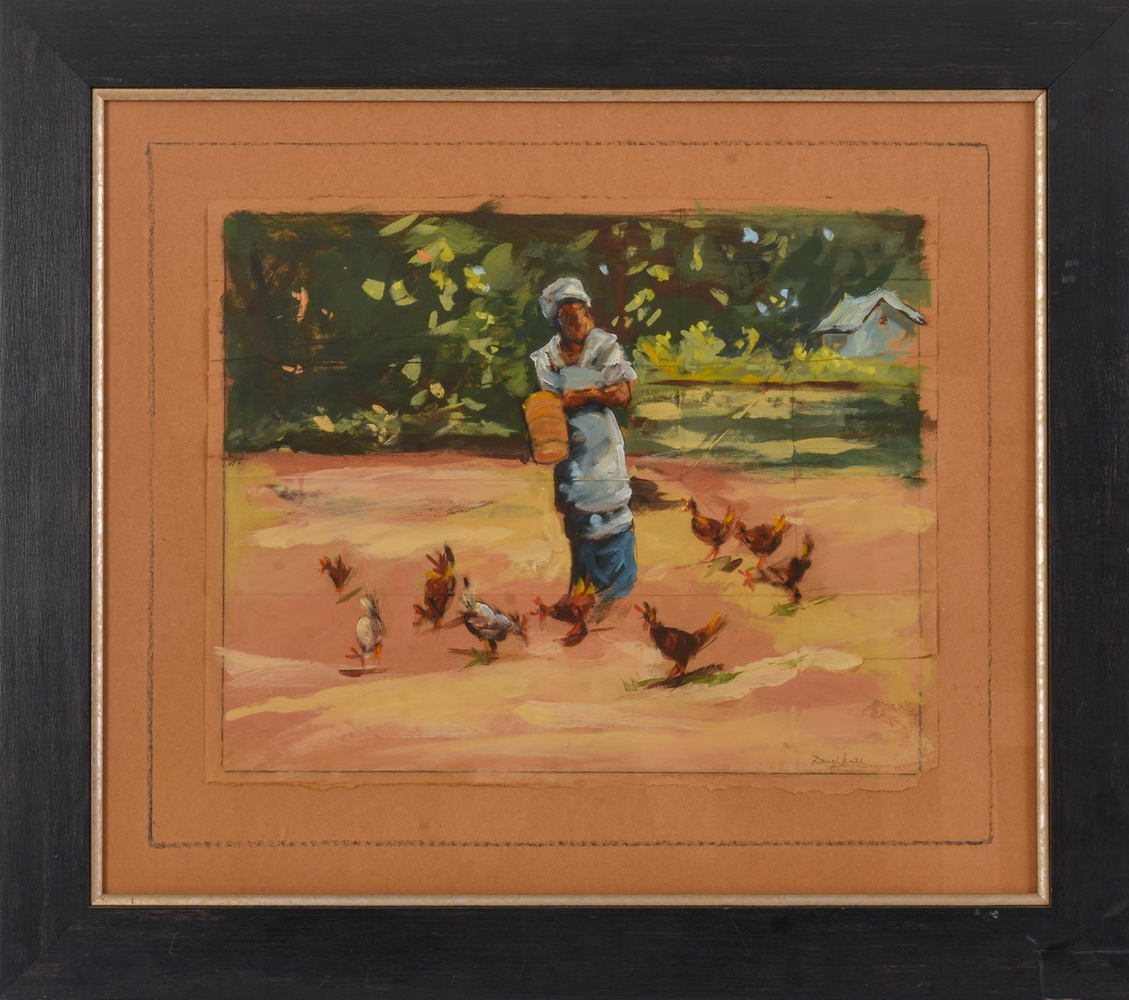 Feeding The Chickens.: Oil on paper bag, signed lower right, 17 x 21 inches. Framed, 29 x 33 inches.