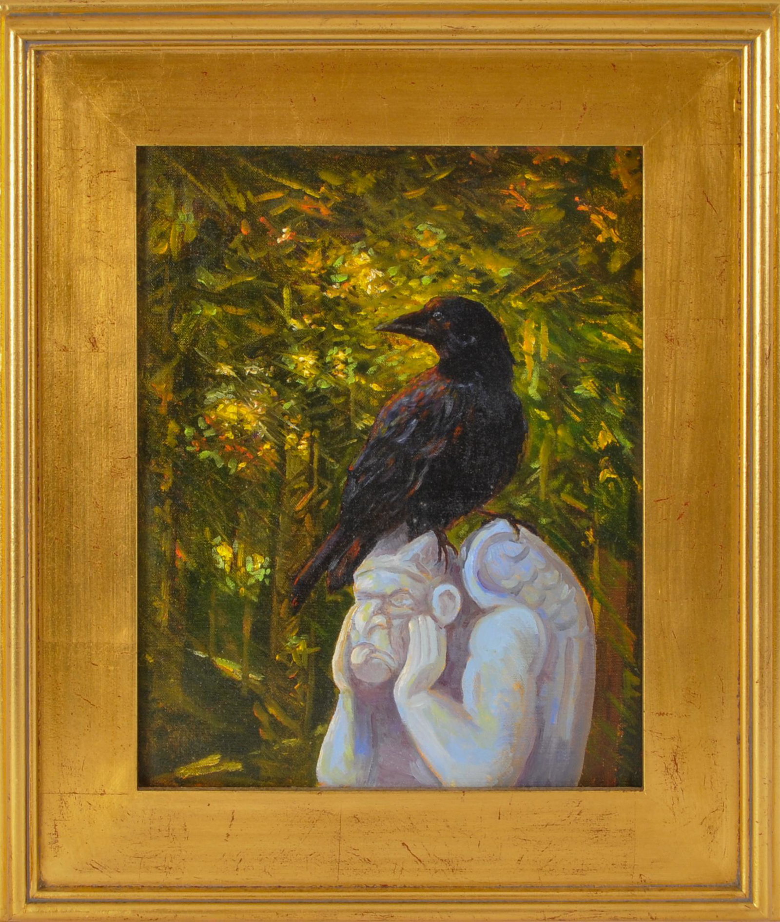 Brad McFadden. Cow and the Gargoyl.: Oil on panel, 14 x 11 inches. Framed, 19.5 x 16.5 inches.