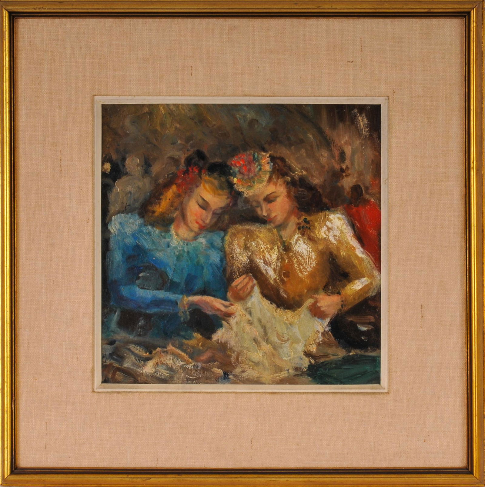 Urban Realist Painting of Two Women Shopping: in the manner of Reginald Marsh, c. 1920's, oil on canvas. 10 x 10 inches, unsigned, framed, 16.5 x 16.5 inches.