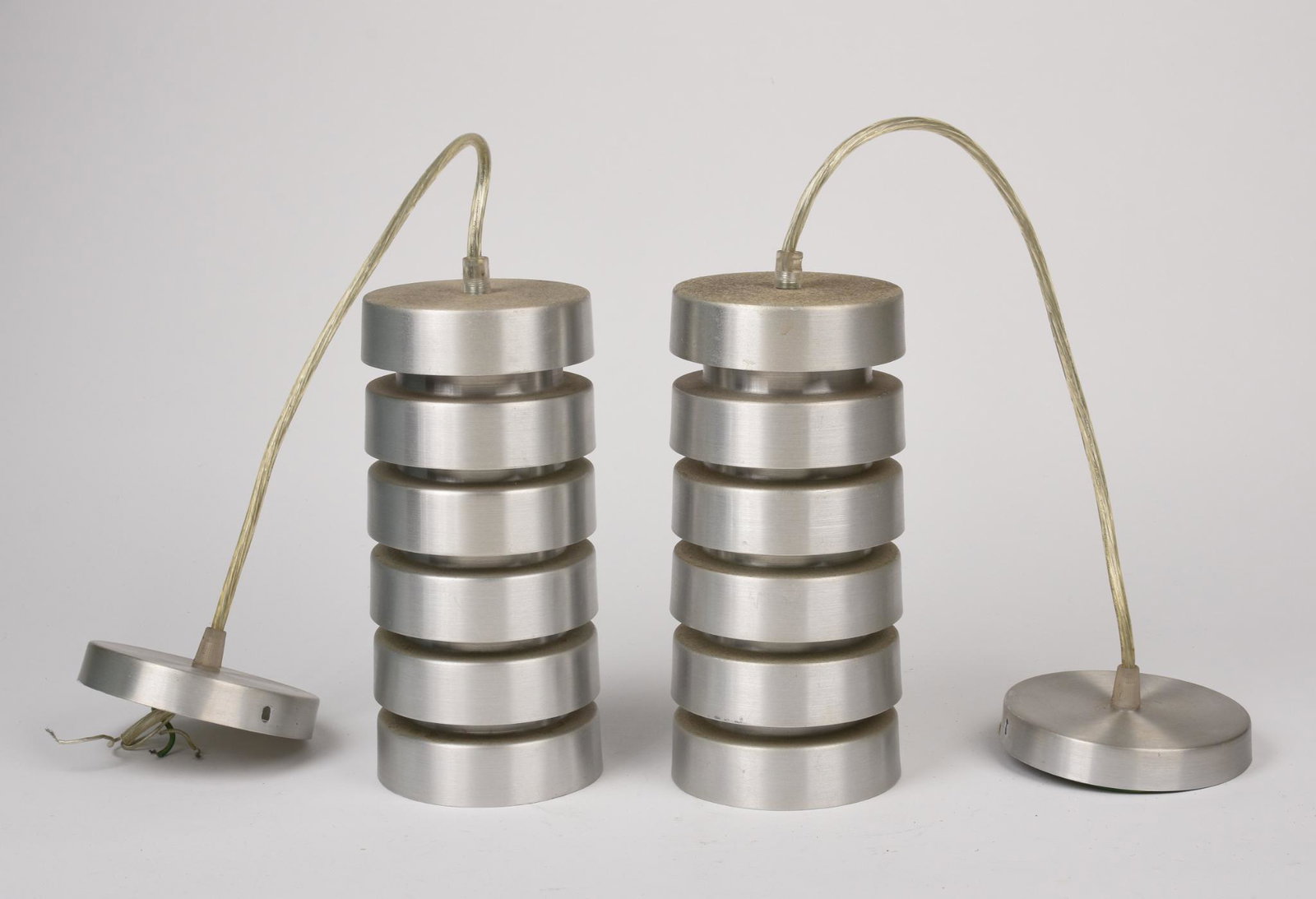 Pair of Retro Design Aluminum Pendants.: Height of fixture 9.25 inches, length of wire 16 inches.