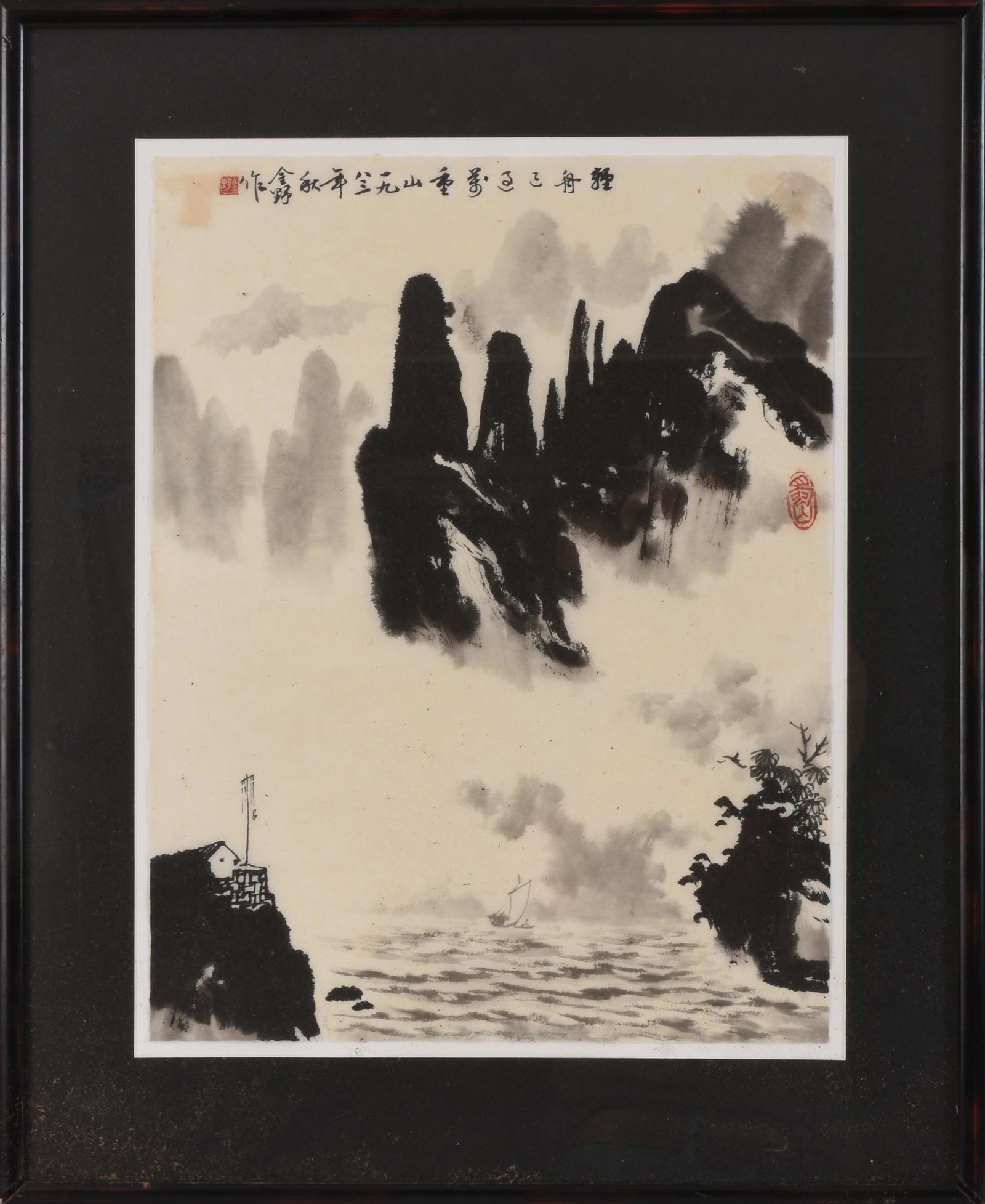 Chinese Watercolor After Li Bai.: Titled "The light boat has passed by thousands of mountains," sheet 18 x 13.5 inches.