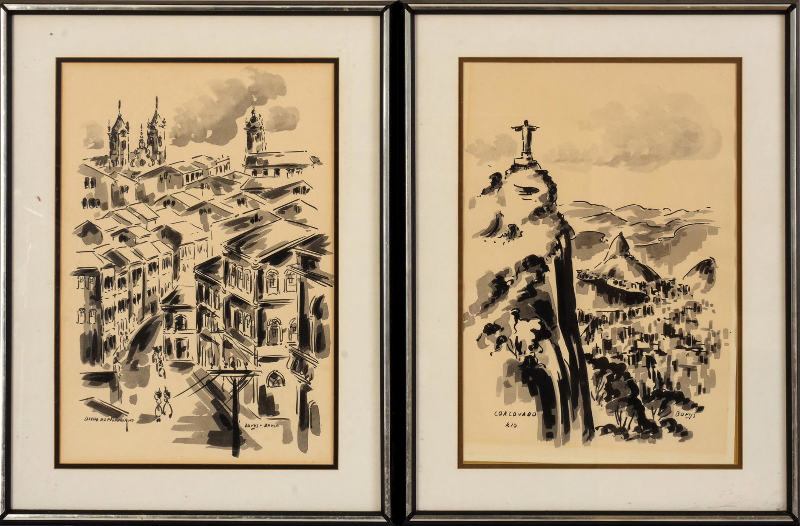 Two Brazillian Pen and Ink Illustrations.: Each frame 25 x 19 inches, signed and titled.