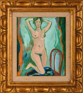 Abbott Pattison (1916 - 1999). Girl With Chair.: Oil on canvas, 12 x 10 inches, signed lower right, titled on stretcher.