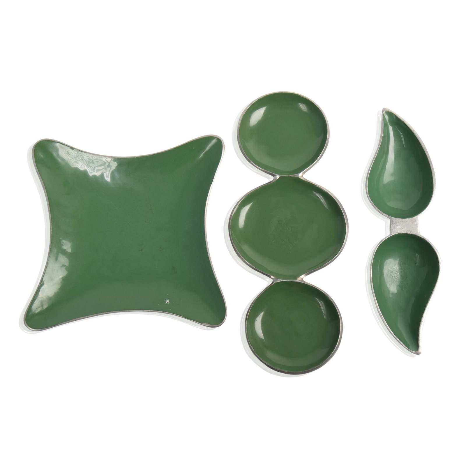 Three Enameled Pewter Serving Dishes.: Length of longest 16 inches.