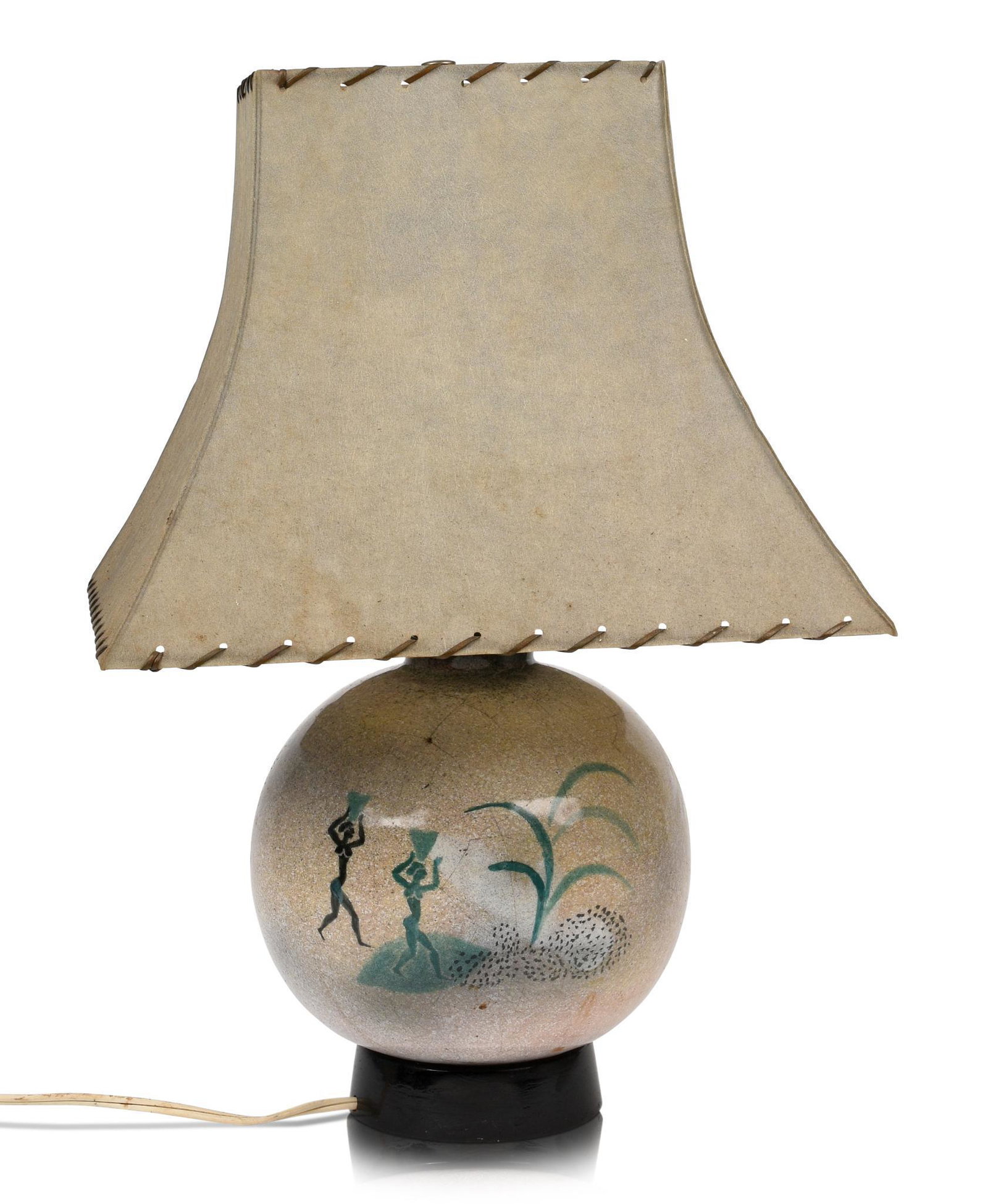 Mid Century Table Lamp With African Motif.: Overall height including shade 18.5 inches. Hairline cracks
