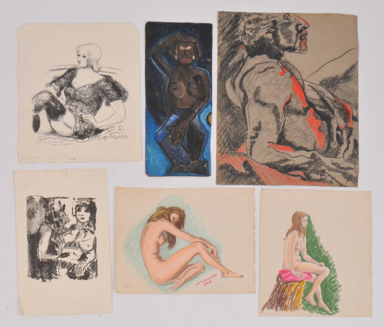 Six Mid Century Illustrations of Nude Women.: Two charcoal on paper, three pastel on paper, one oil on board illustration of an African American woman. Largest sheet 24 x 18 inches.