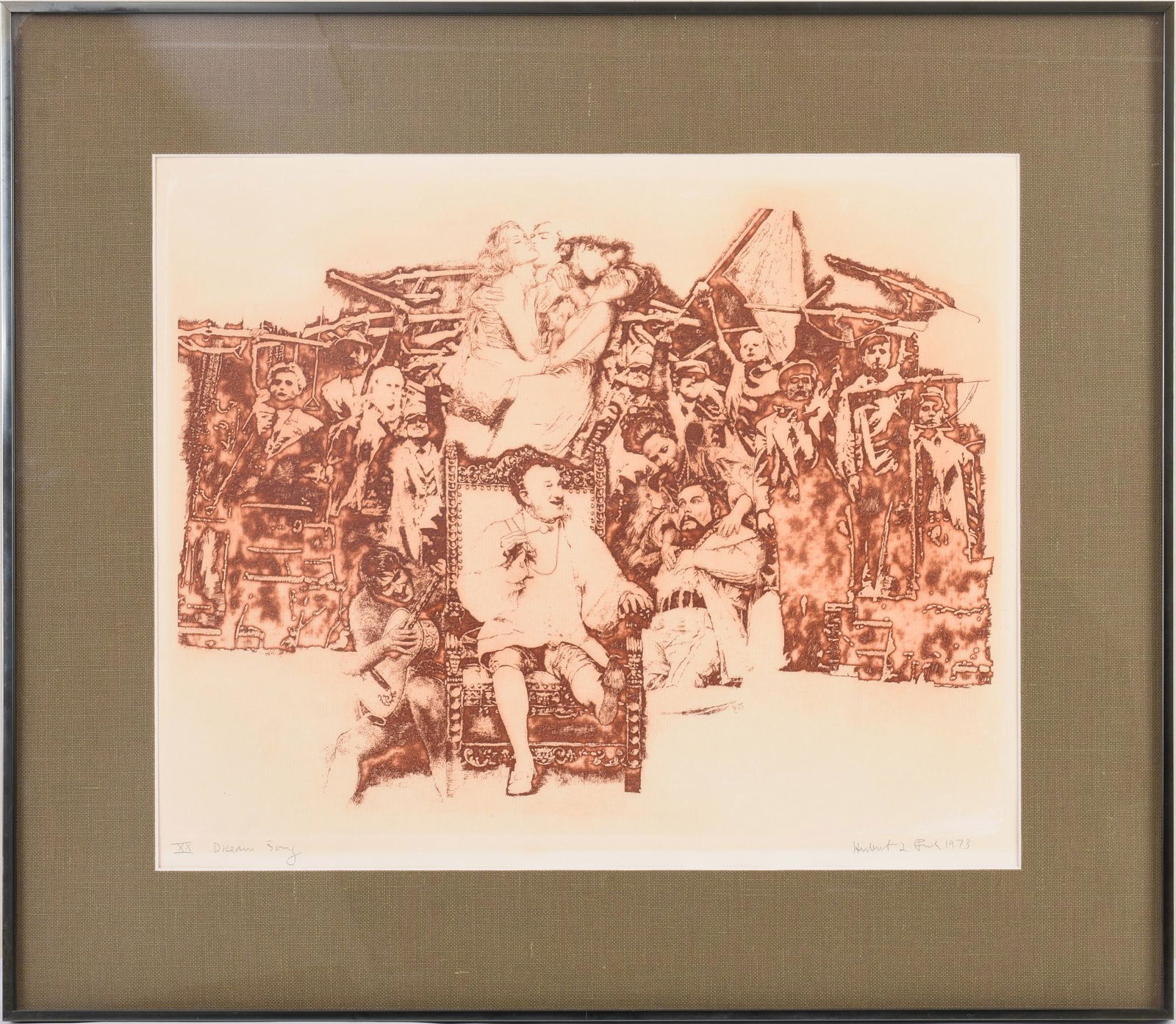 Herbert Fink. Dream Story.: Etching on paper, image 16 x 19 inches, pencil signed and dated 1973. Frame 24 x 27.5 inches.