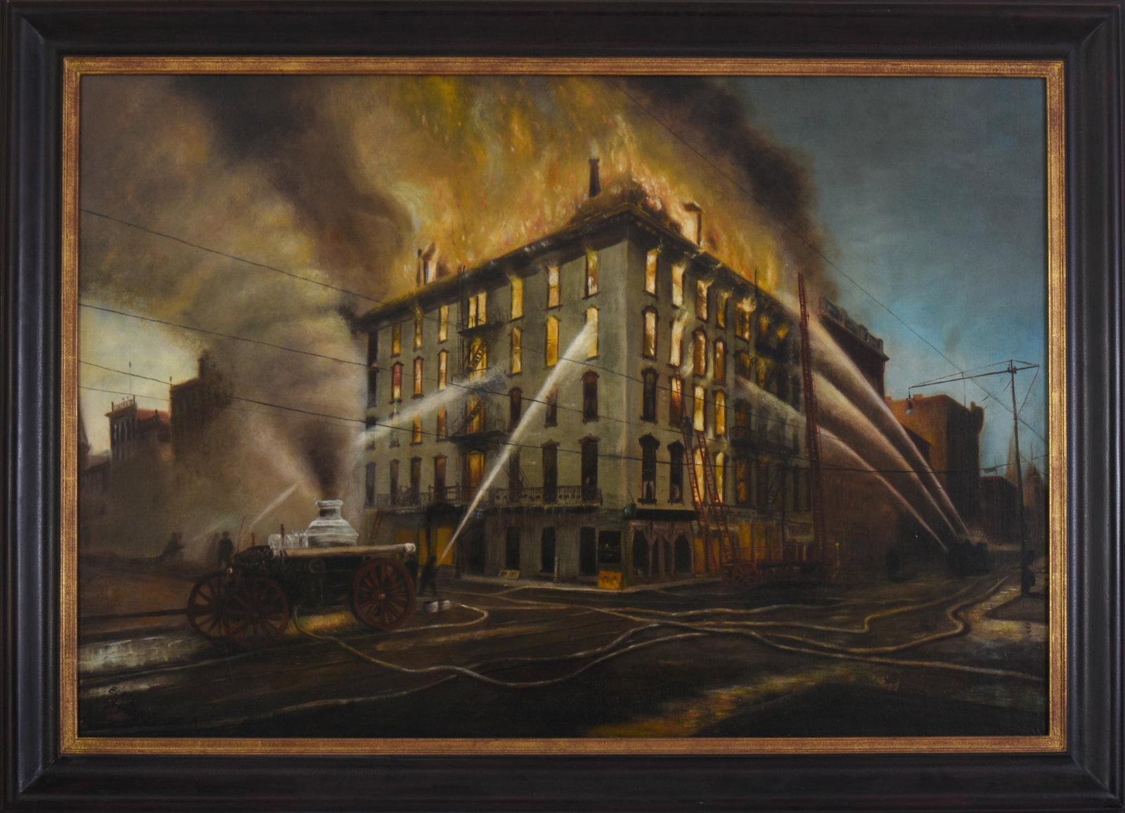 Elmer Stewart (1876-1962). 1908 Fire at Aveline.: A monumental oil painting of the May 3, 1908 fire at the Aveline Hotel in Fort Wayne, Indiana. Believed to be the work of Elmer Stewart, who was active in Indiana at the time. Oil on canvas, 32.5 x 47
