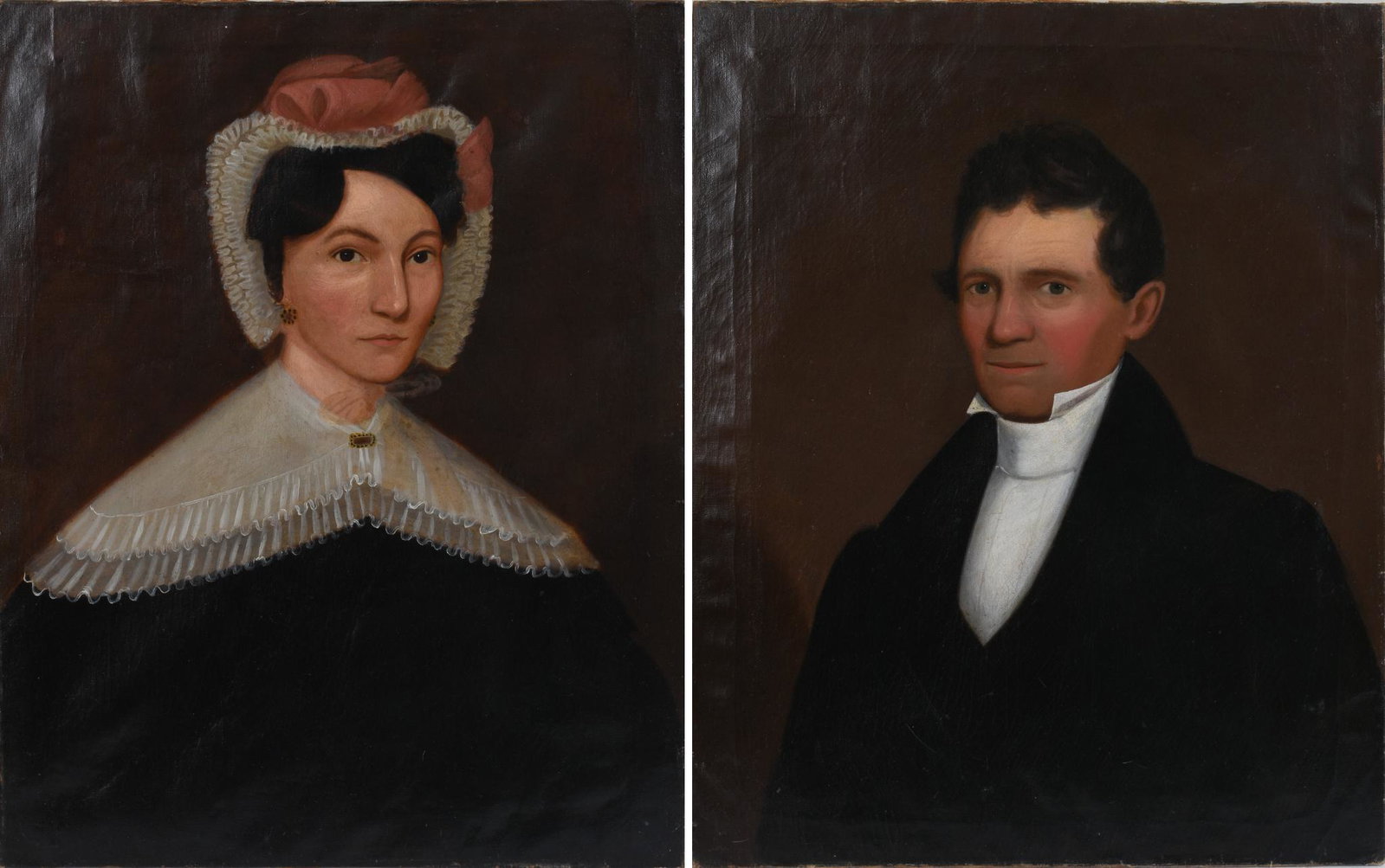 Pair of Early Portraits of a Man and Wife.: Each oil on canvas, early to mid 19th century, 28 x 22.5 and 28 x 22 inches.