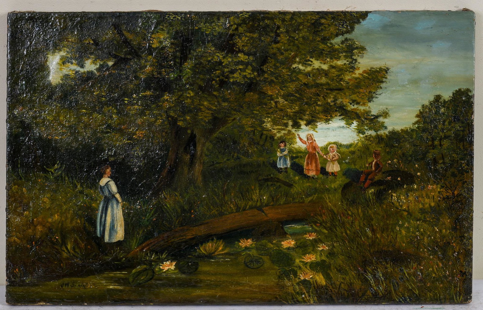 Genre Painting of Children, American School.: Late 19th century, oil on canvas, 17 x 27 inches, unframed. Signed lower left.