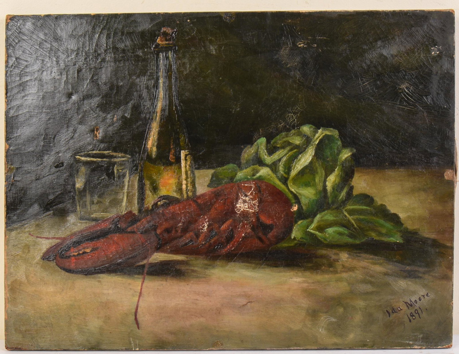 Ida Moore 1891 Still Life With Lobster.: Oil on canvas, 18 x 24 inches, signed and dated lower right. Some paint loss to center of image.
