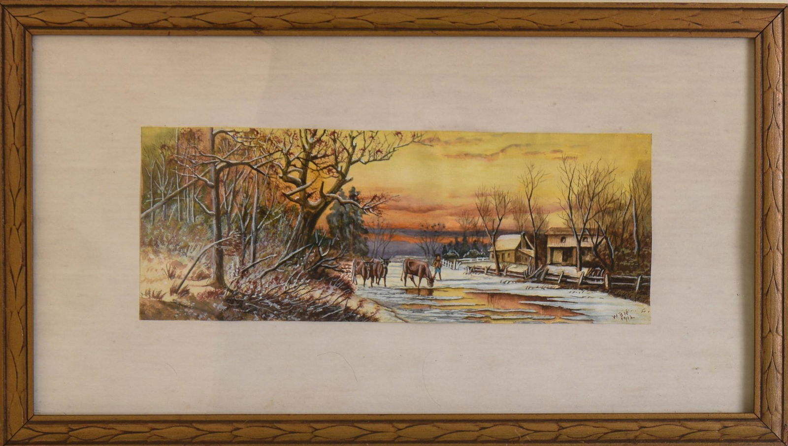 1912 Winter Barnyard Landscape With Cows. (1 of 2)