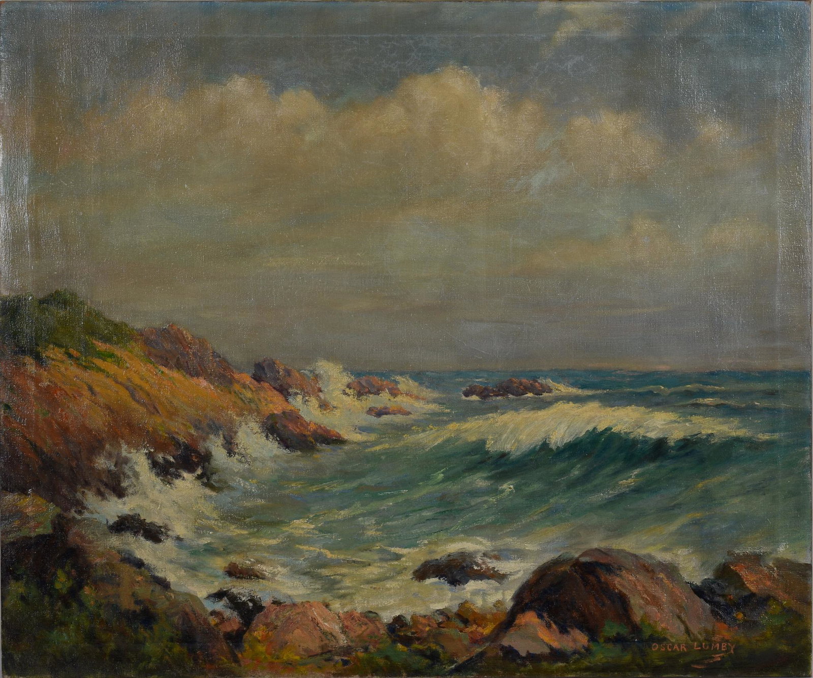 Oscar Martin Lumby (1879 - 1961). Crashing Surf.: Oil on canvas, 30 x 36 inches, signed lower right.