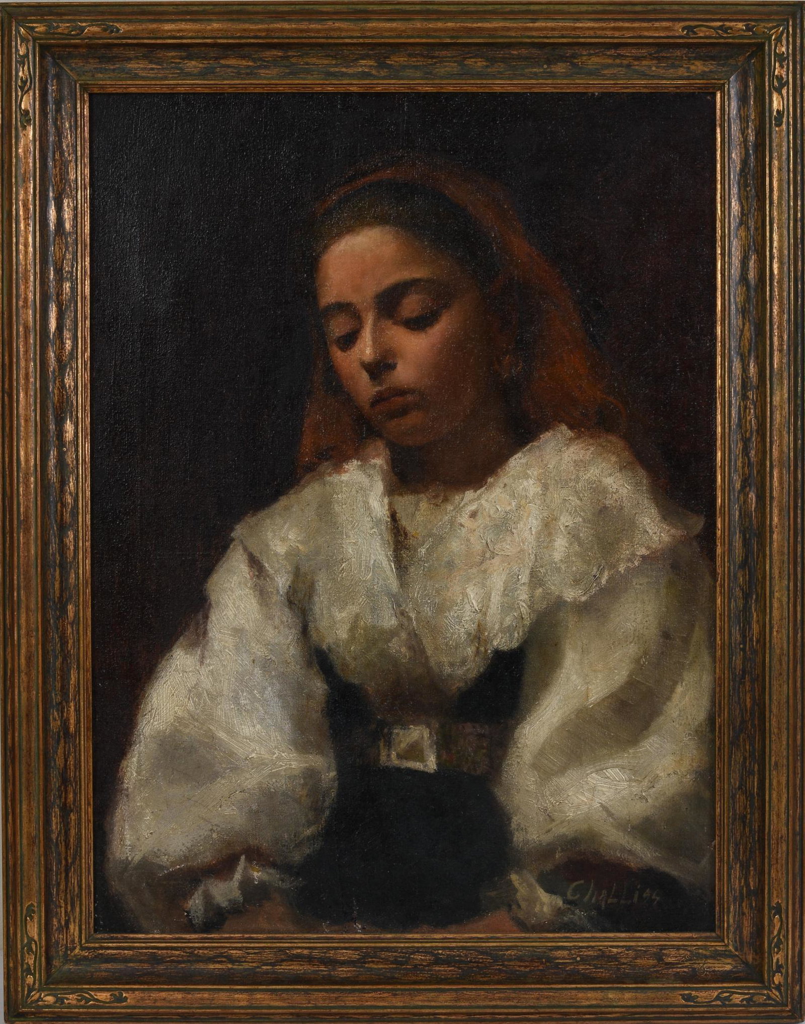 Oil Painting of a Girl, Signed Challis.: Oil on canvas, 28 x 22.5 inches, with Syracuse, New York framer's label.