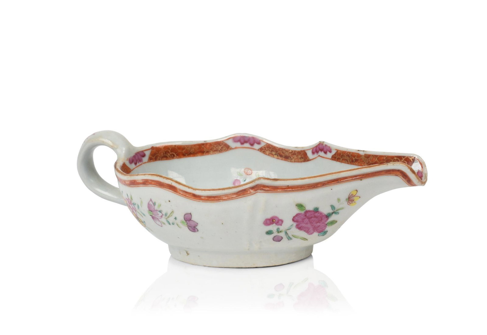 Chinese Famille Rose Porcelain Sauce Boat.: Floral decoration, 18th c. Length of sauce boat 8.5 inches.