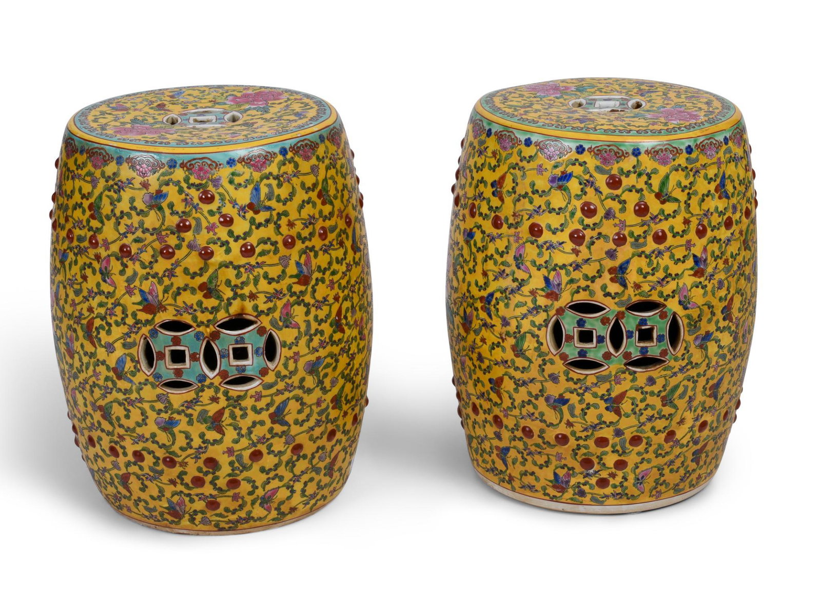Pair of Chinese Export Garden Seats With Yellow Ground.: Height 17 inches, excellent condition.